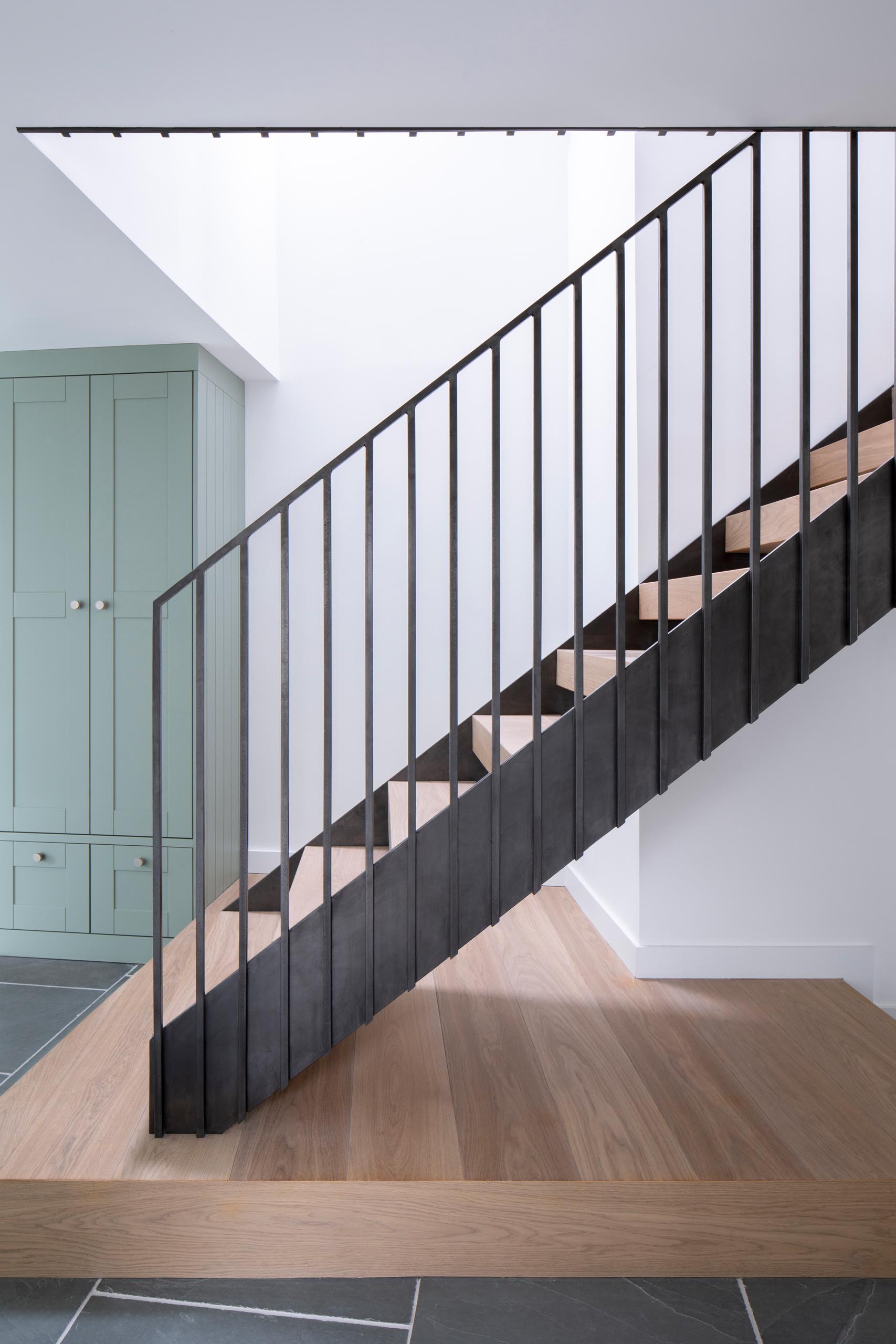 Modern steel and wood stairs.