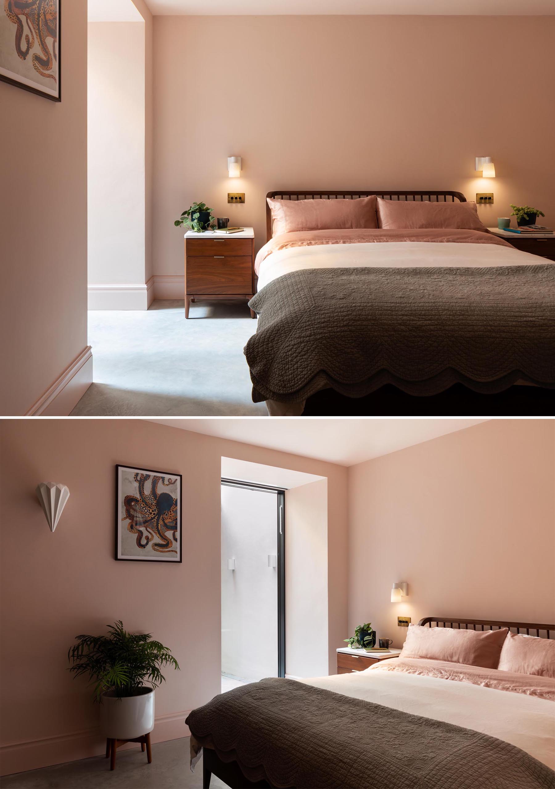 In this modern bedroom, blush pink walls and bedding creates a calm and relaxed environment.