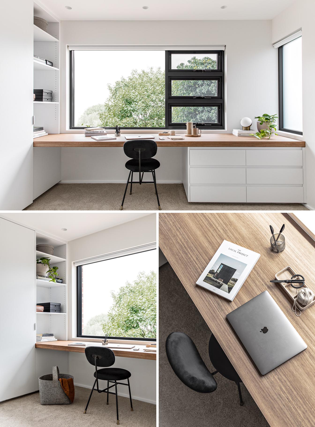 In this bedroom, a desk travels wall-to-wall and looks out to the trees through the picture window. There's also storage drawers, bookshelves and a tall closet.