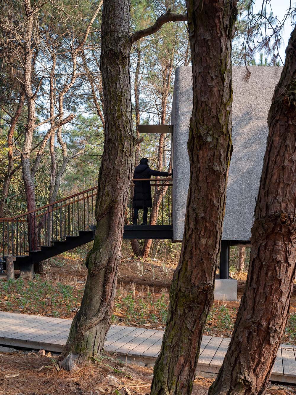 A modern cabin with stairs leading to the front door.