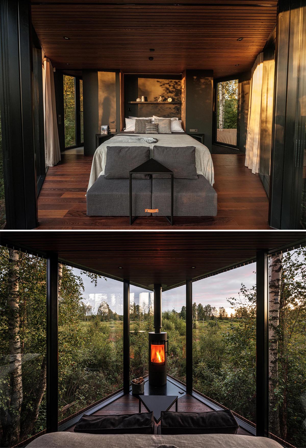 A modern cabin includes a triangular bedroom with a small sitting area at the end of the bed, which faces the fireplace and the view.