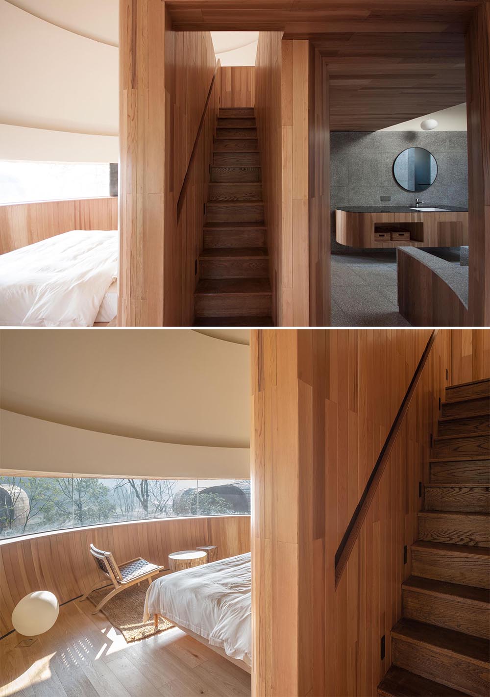 A modern cabin with a narrow staircase and built-in handrail.