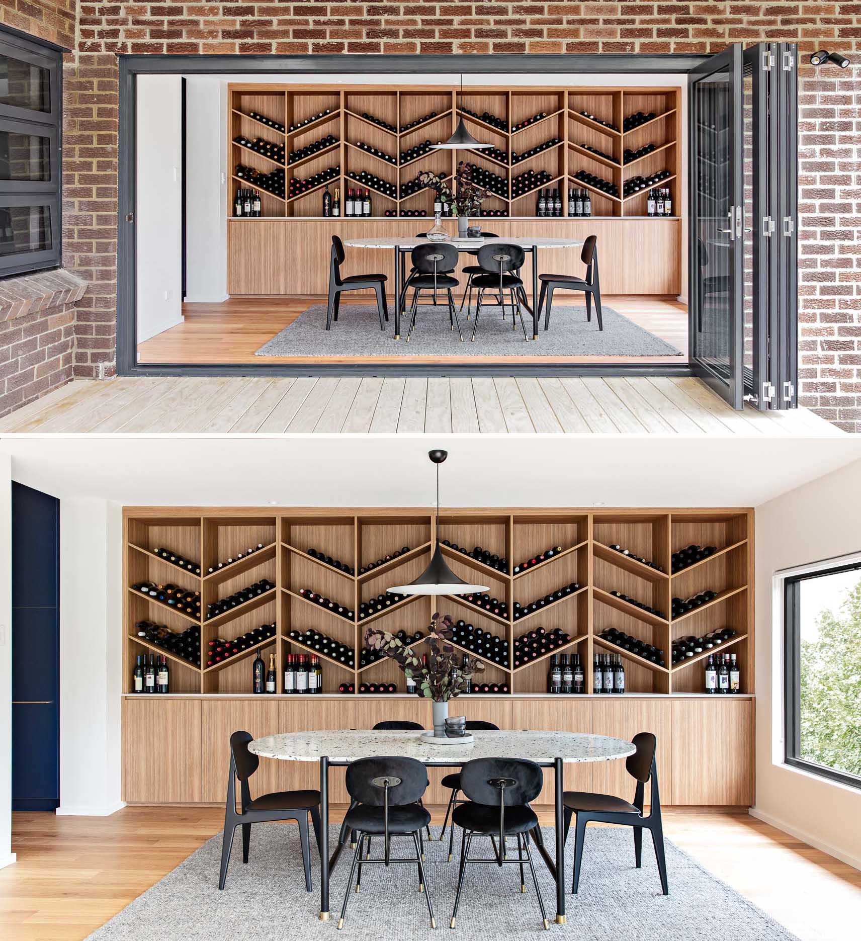 The wine storage wall, which is made from wood, includes lower cabinets, a countertop, and a shelving unit with a chevron design.