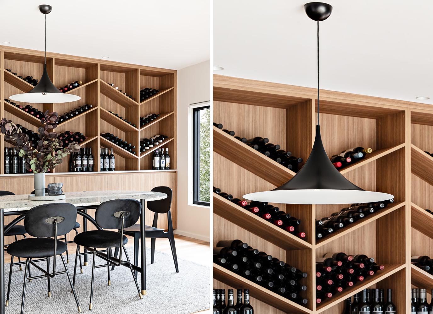 The wine storage wall, which is made from wood, includes lower cabinets, a countertop, and a shelving unit with a chevron design.