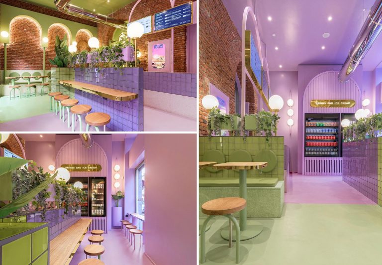 A Colorful Green And Purple Interior Has Been Designed For This New Restaurant In Milan