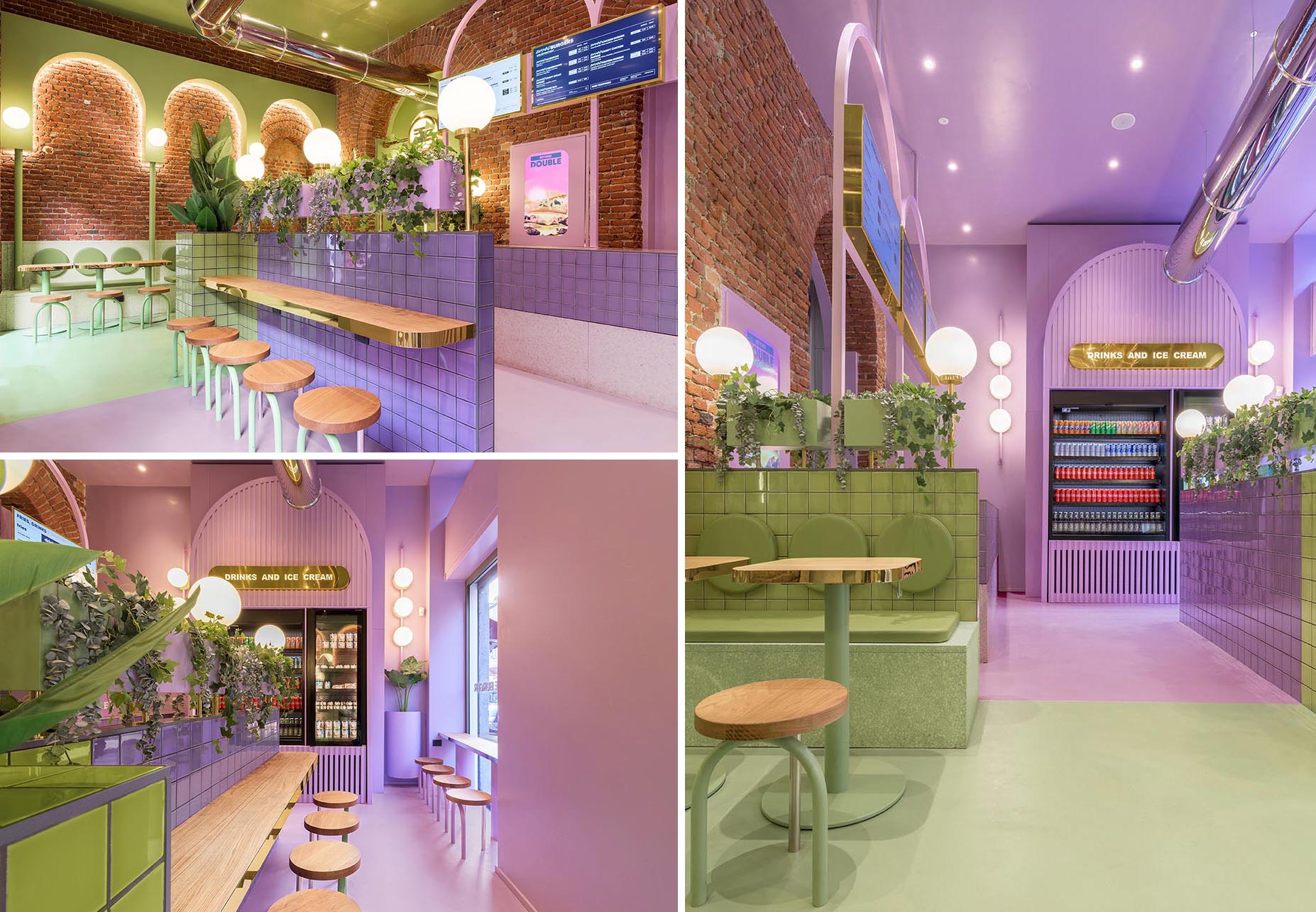 A new restaurant uses a colorful green and purple interior to draw people inside.