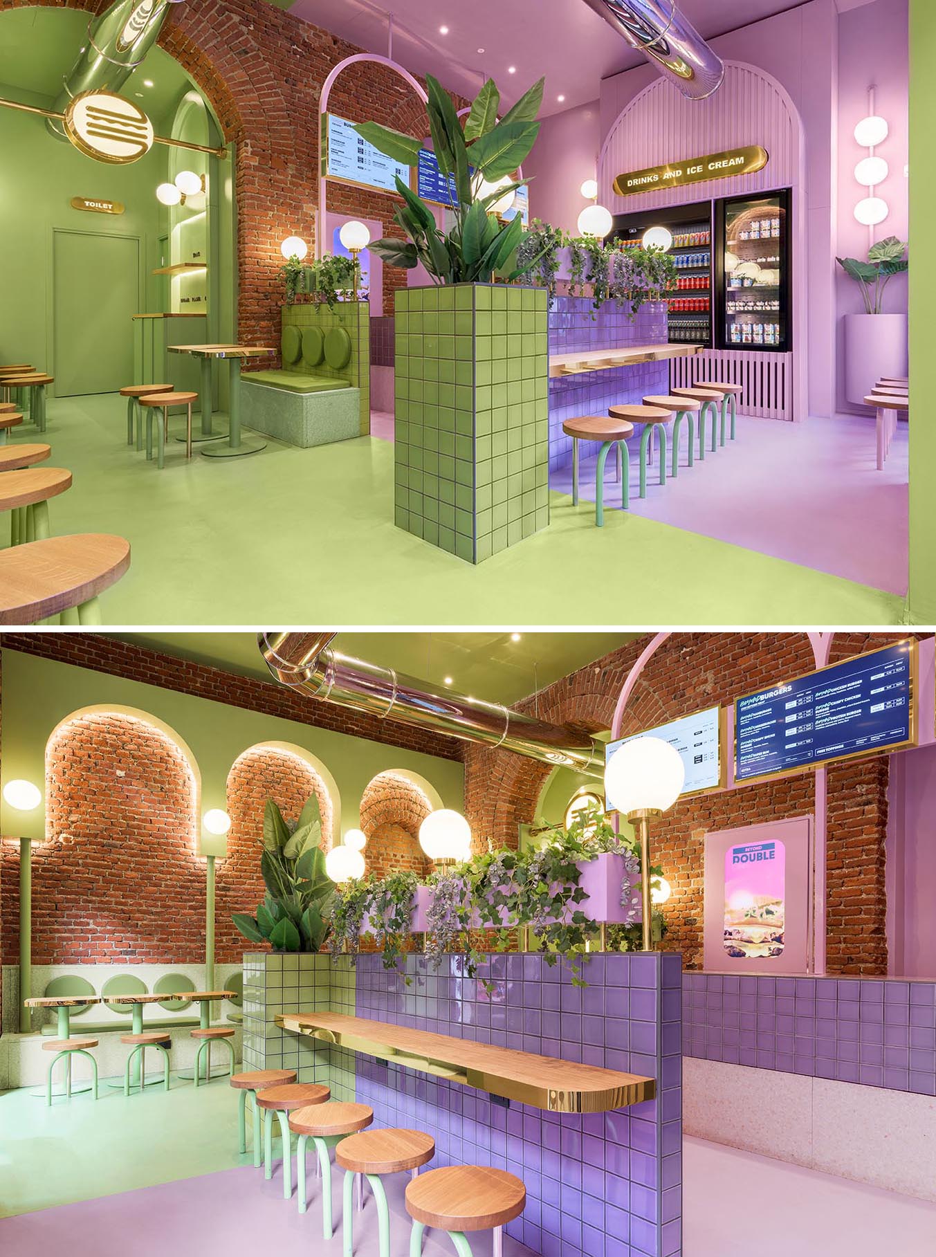 A new restaurant uses a colorful green and purple interior to draw people inside.