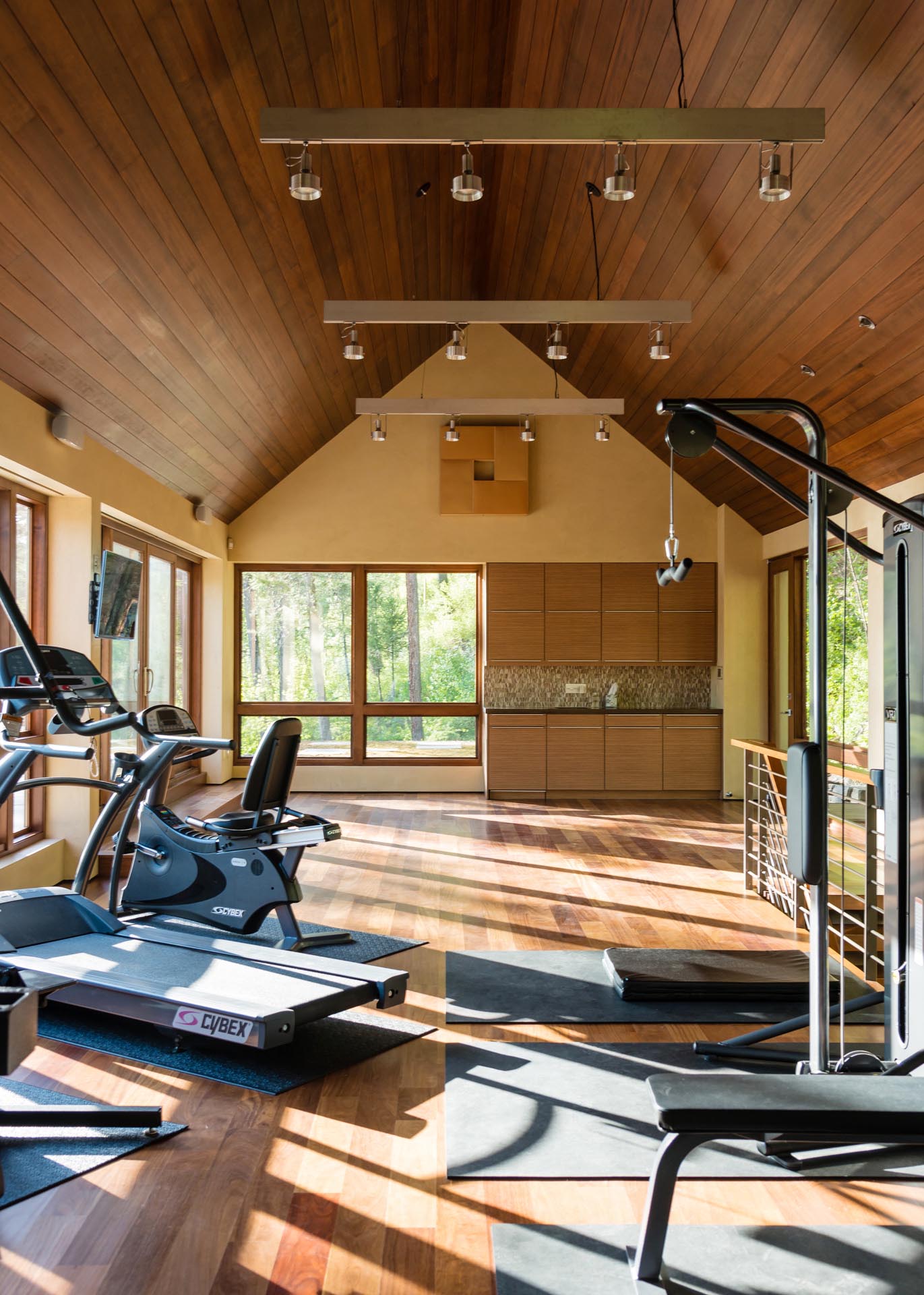 This gym showcases a wood lined ceiling that complements the flooring and the window frames. The gym also has doors that provide access to the green roof.