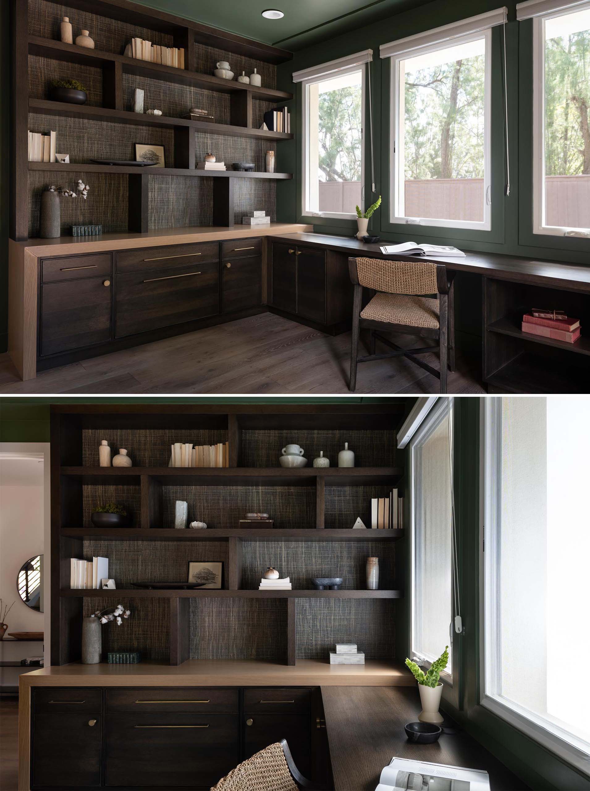 A modern and dramatic home office with wood shelving that includes a dark stain and a natural wallpaper backing.