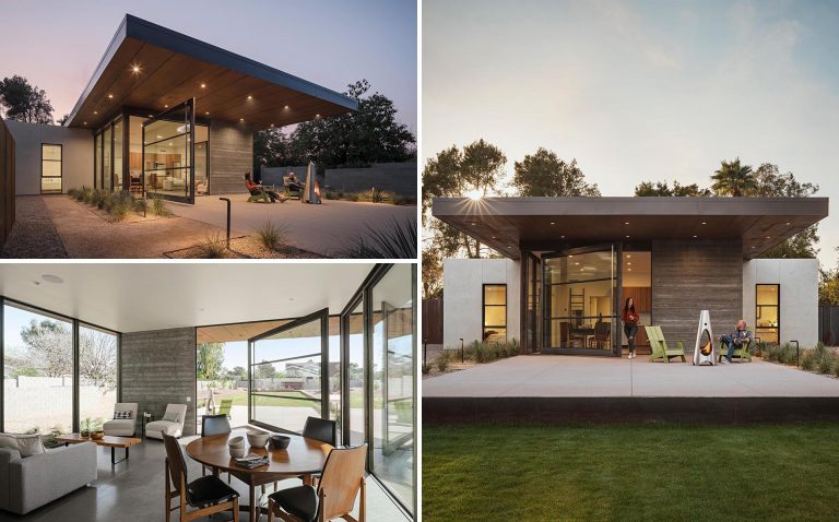 A 12 Foot Wide Pivoting Door Opens The Interior Of This Home To The Patio Outside