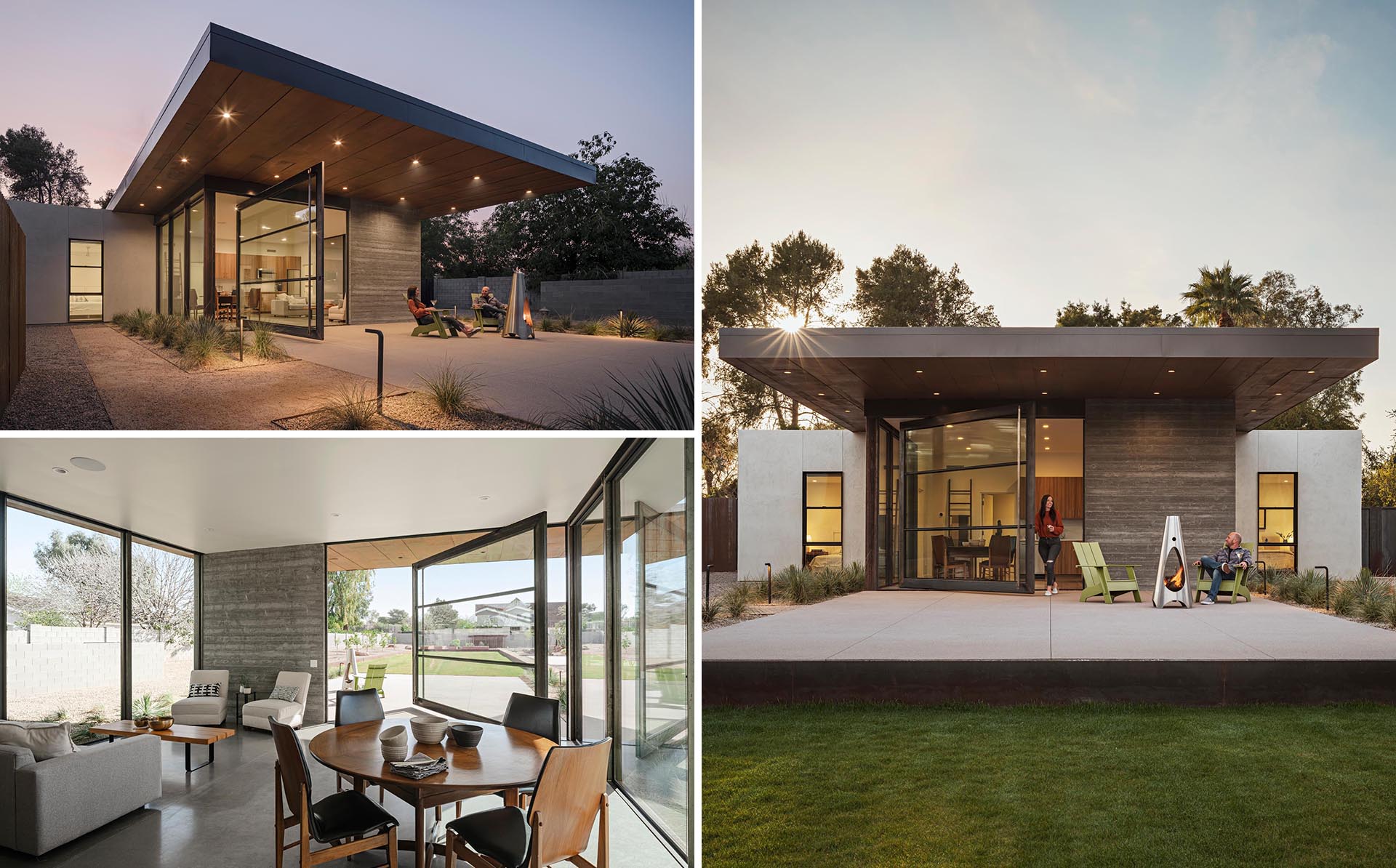 The 12 foot wide pivoting glass door of this small and modern home connects the interior spaces to the patio.