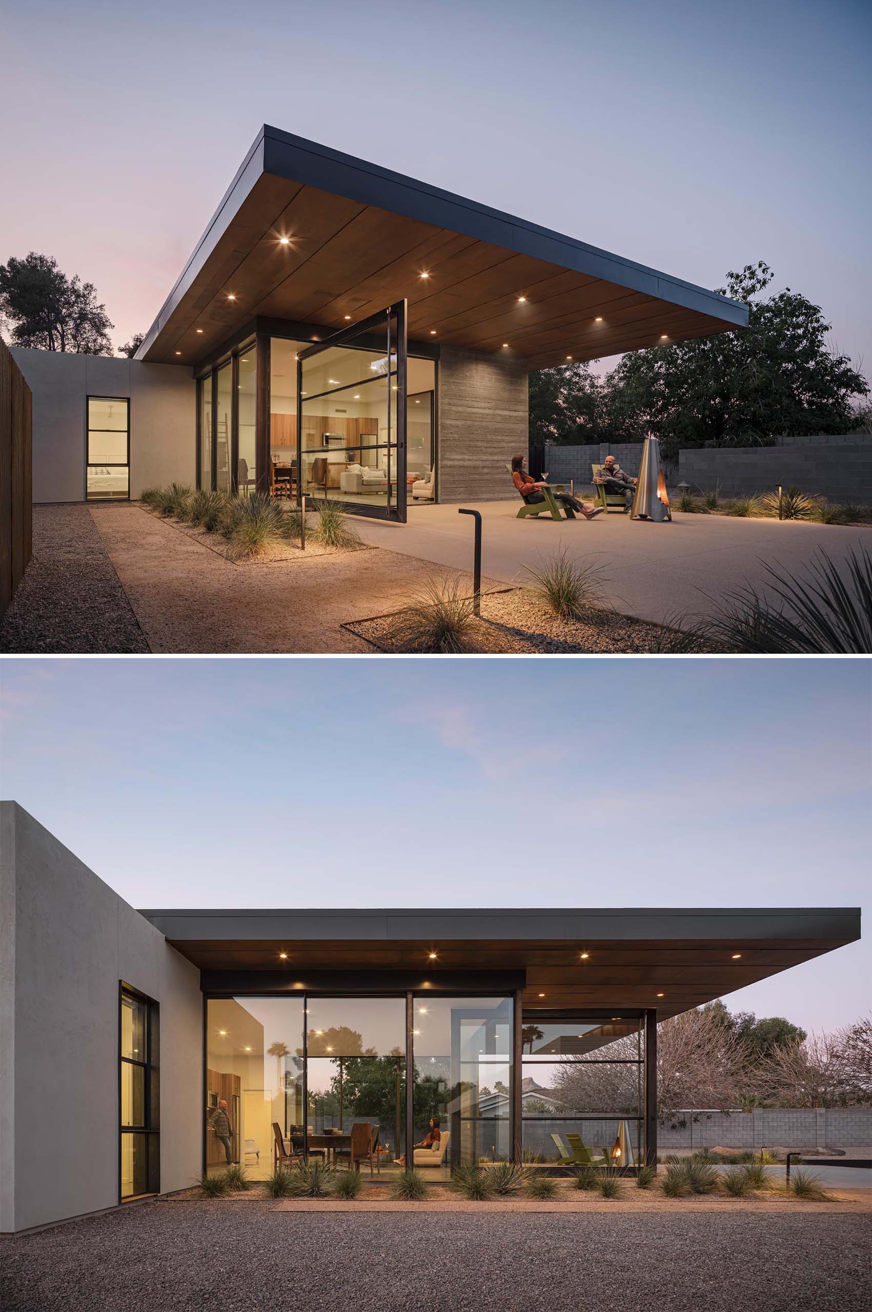 The 12 foot wide pivoting glass door of this small and modern home connects the interior spaces to the patio.
