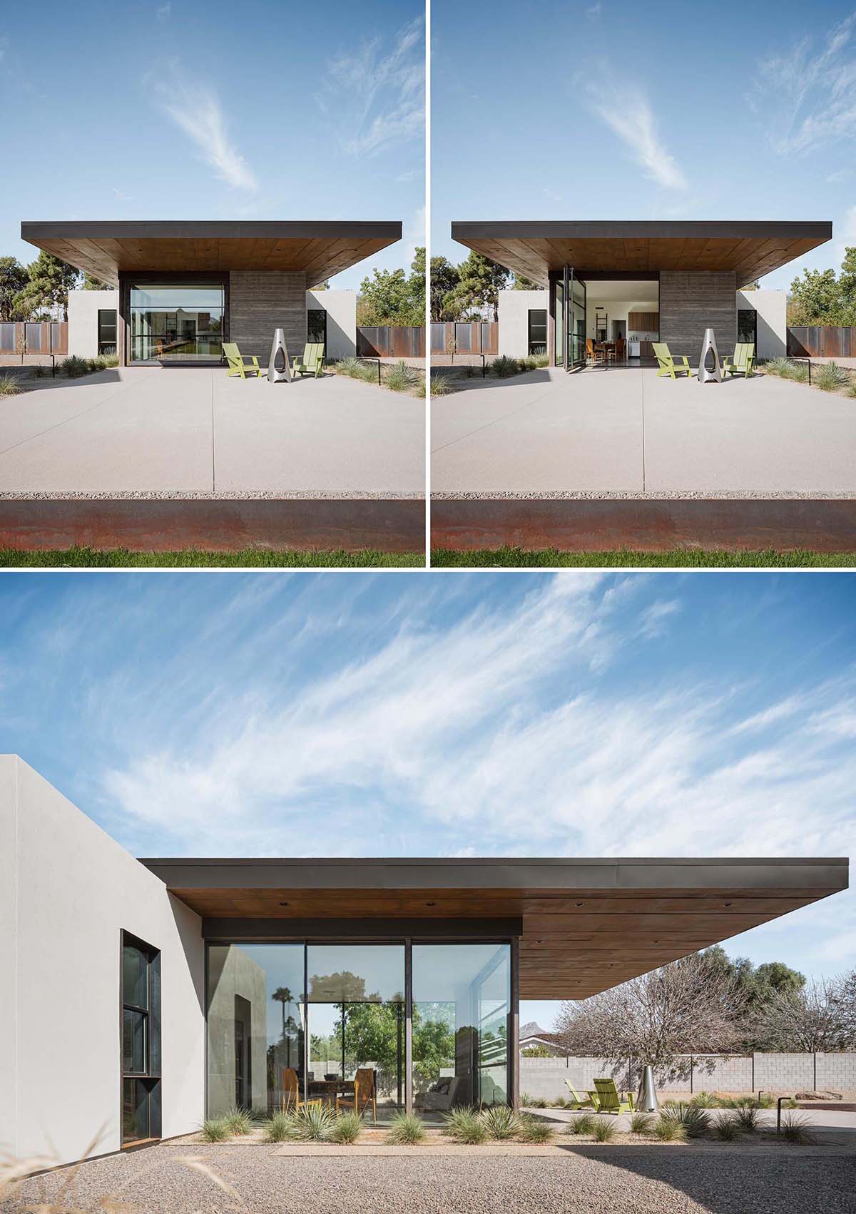 A small and modern home with a cantilevered roof that extends to create shade for the patio.