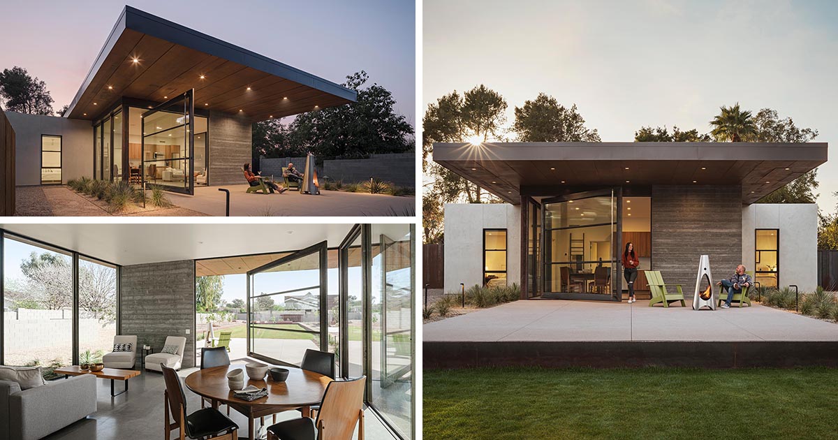 A 12 Foot Wide Pivoting Door Opens The Interior Of This Home To The Patio Outside