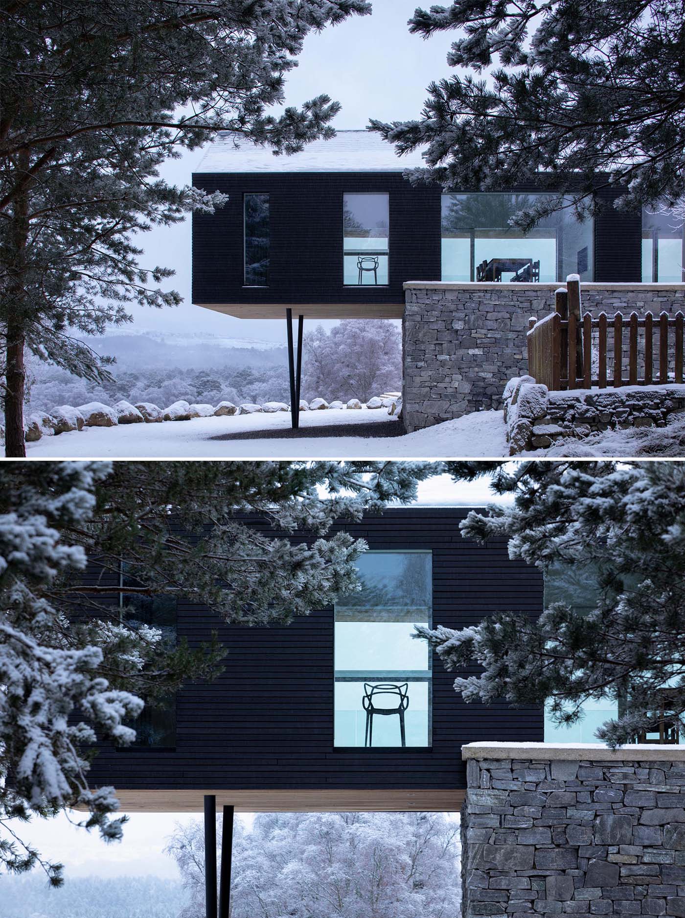 A modern home addition with a material palette of local natural stone, Siberian Larch, natural slate, blackened stainless steel, and glass.