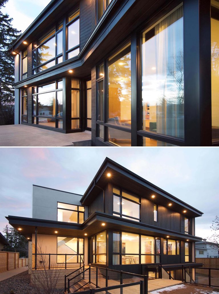 An Exterior Of Burnt Wood Siding On This Home Leads To A Warm Wood Interior