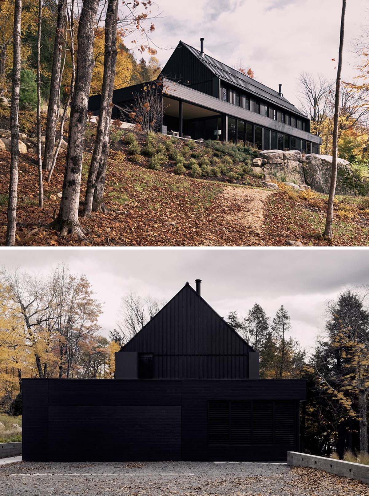 This modern house includes black horizontal and vertical siding, a black roof, as well as black window and door frames.