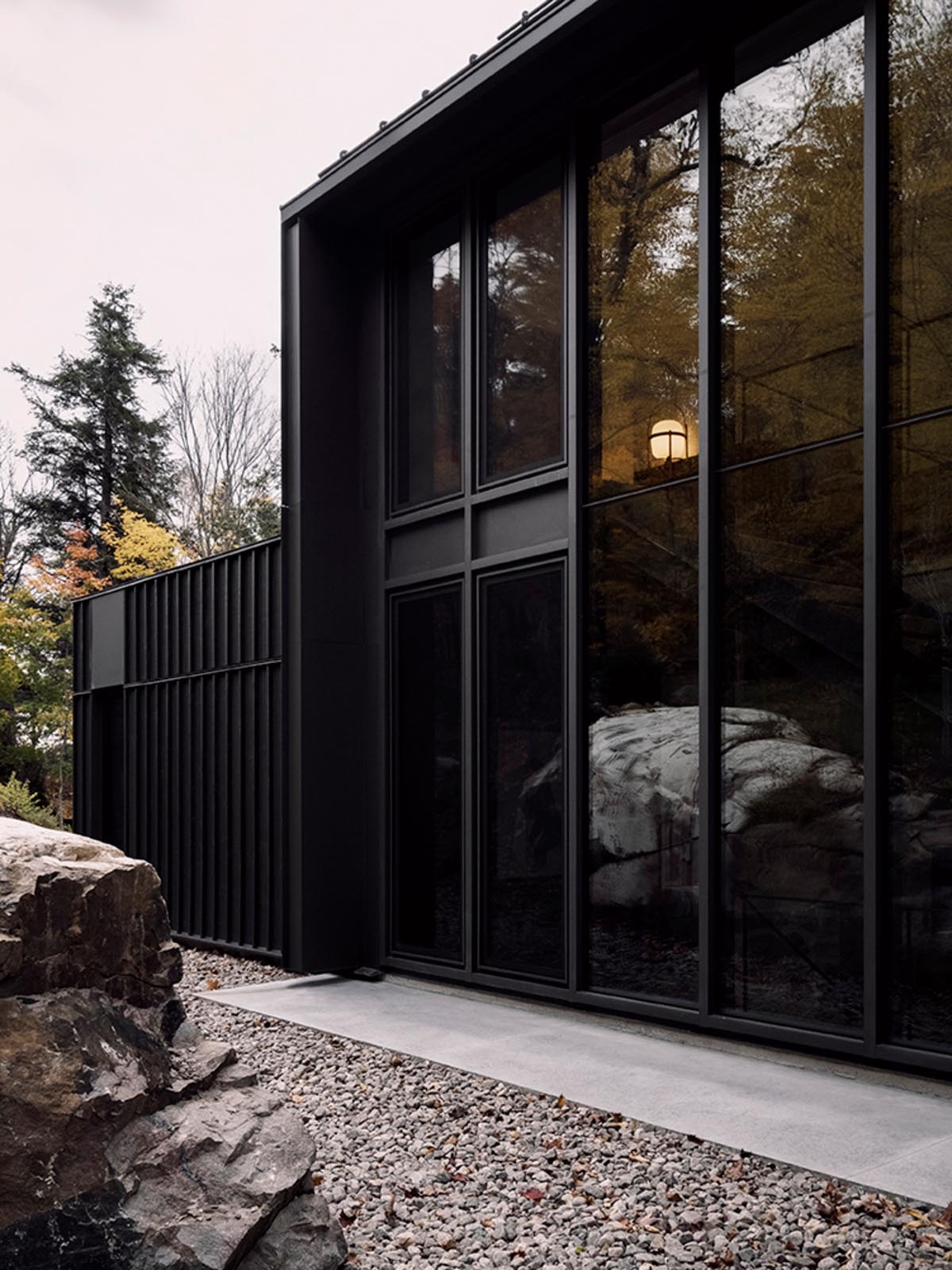 A modern house with black siding and black window frames.