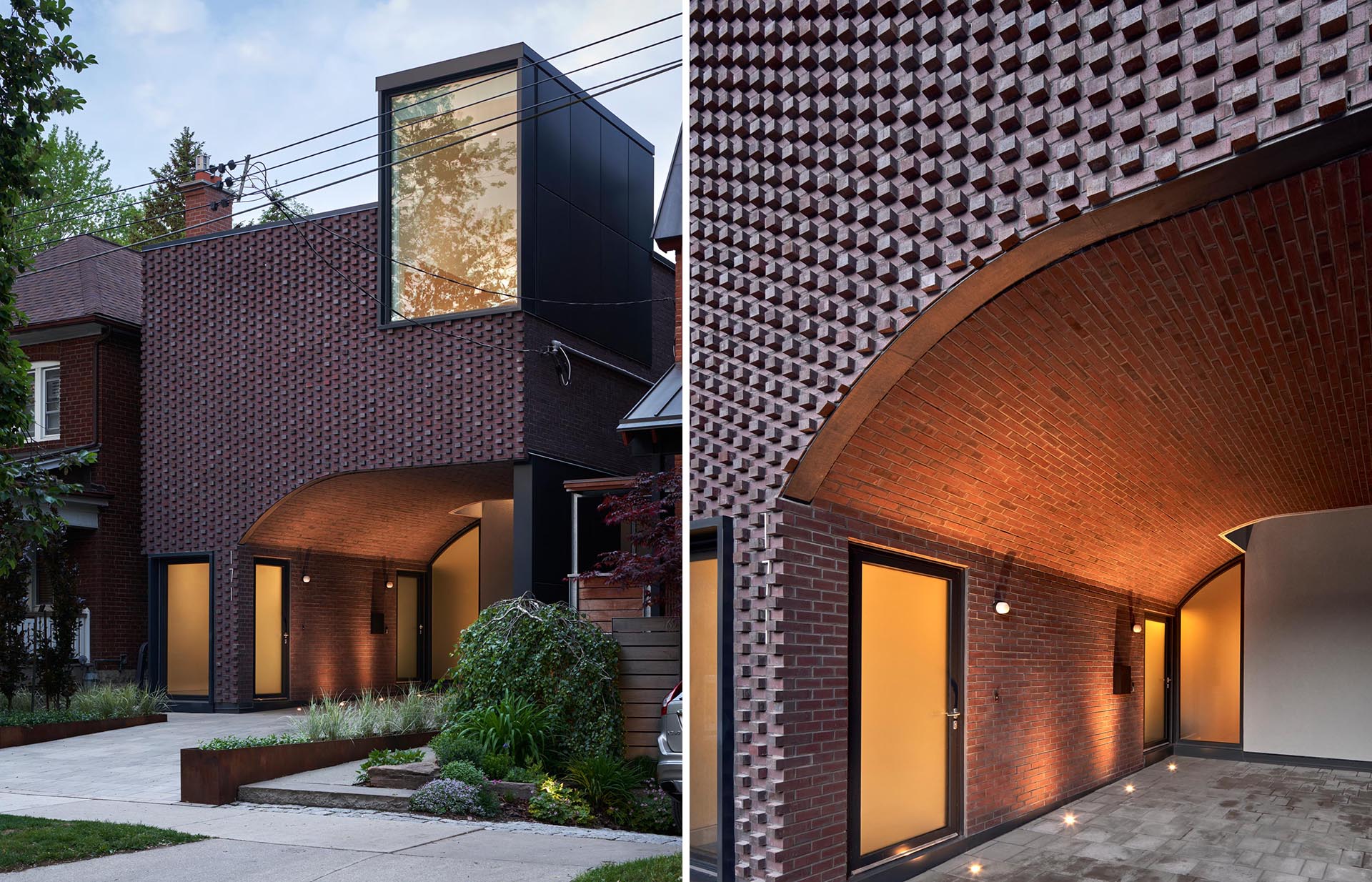 The brickwork that covers the facade and wraps the ceiling and walls of the carport of this modern house plays into Toronto’s history of masonry detailing.