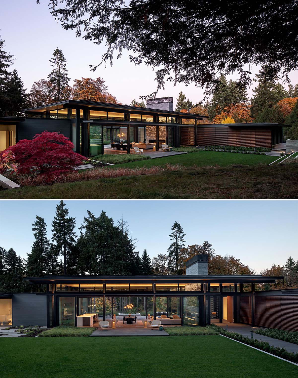 The home, which is nestled into the hillside, has a simple palette of wood, steel, stone, and glass.