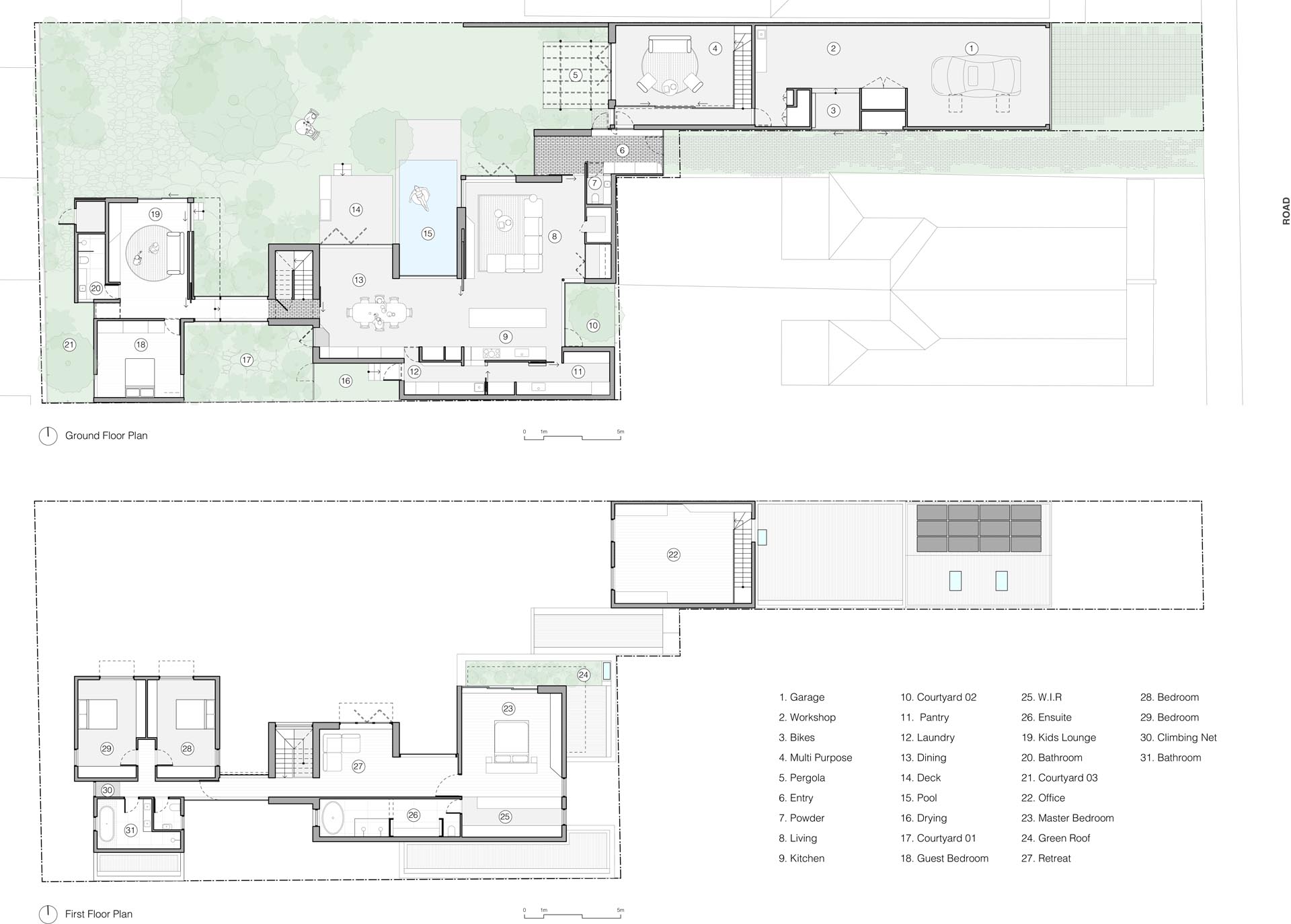 The floor plan of a modern home with plenty of outdoor spaces.