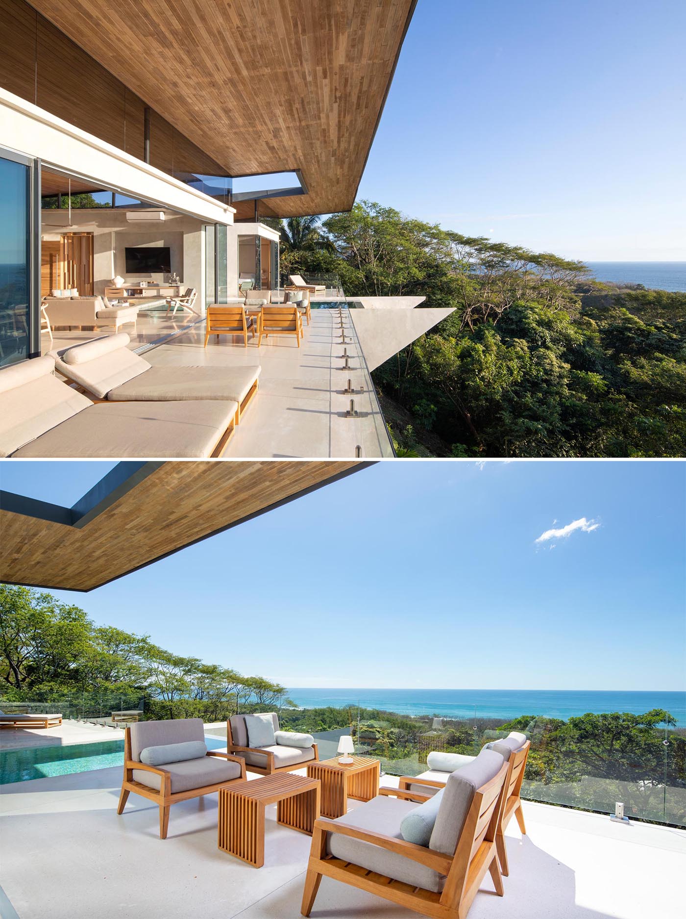 Sliding glass walls connect the interior spaces with the balcony, while the roof overhang shades different areas throughout the day.