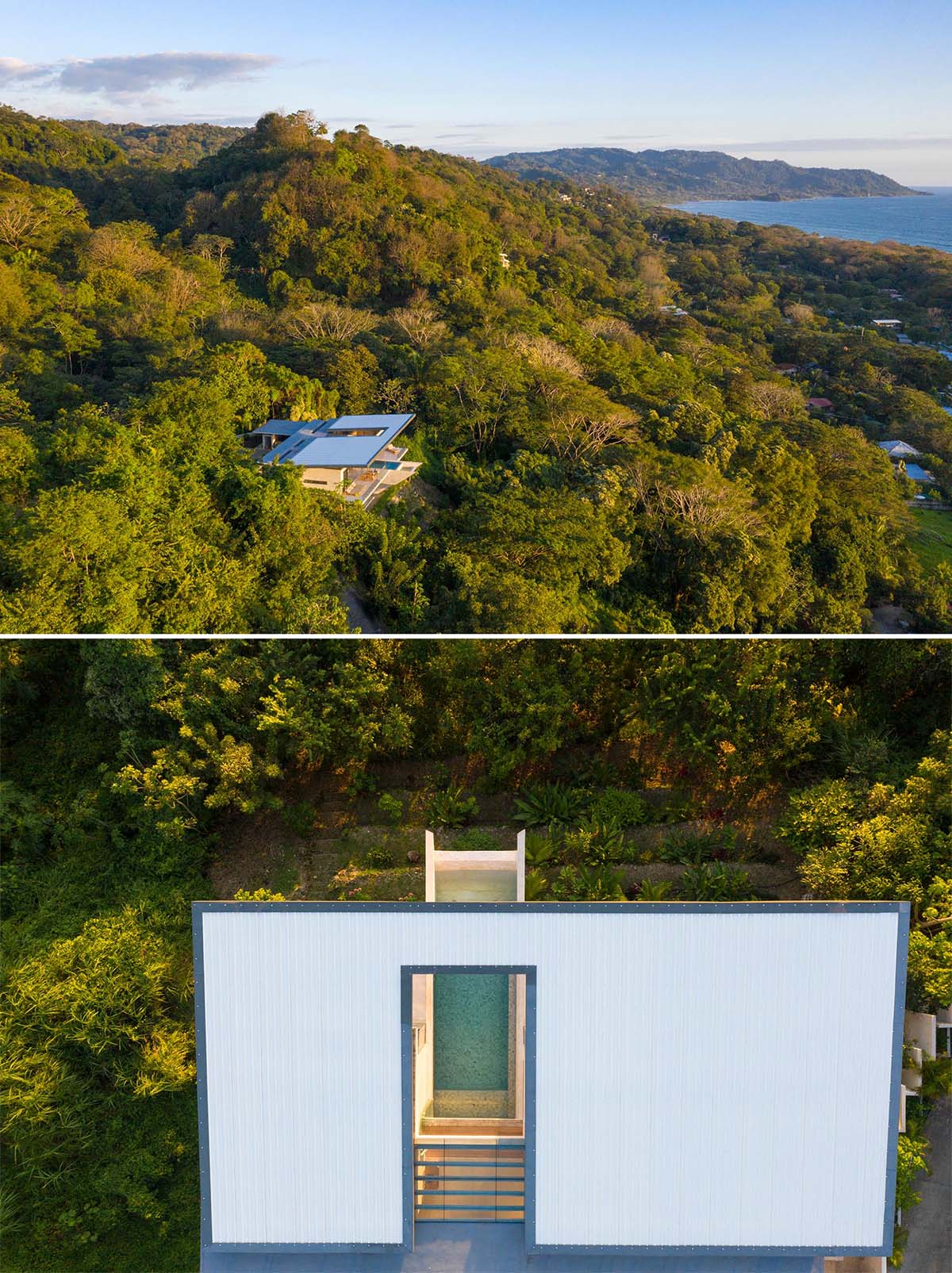 The sweeping and expansive angled roof of this modern home, which is lined with wood, allows for cross ventilation during the rainy and humid months.