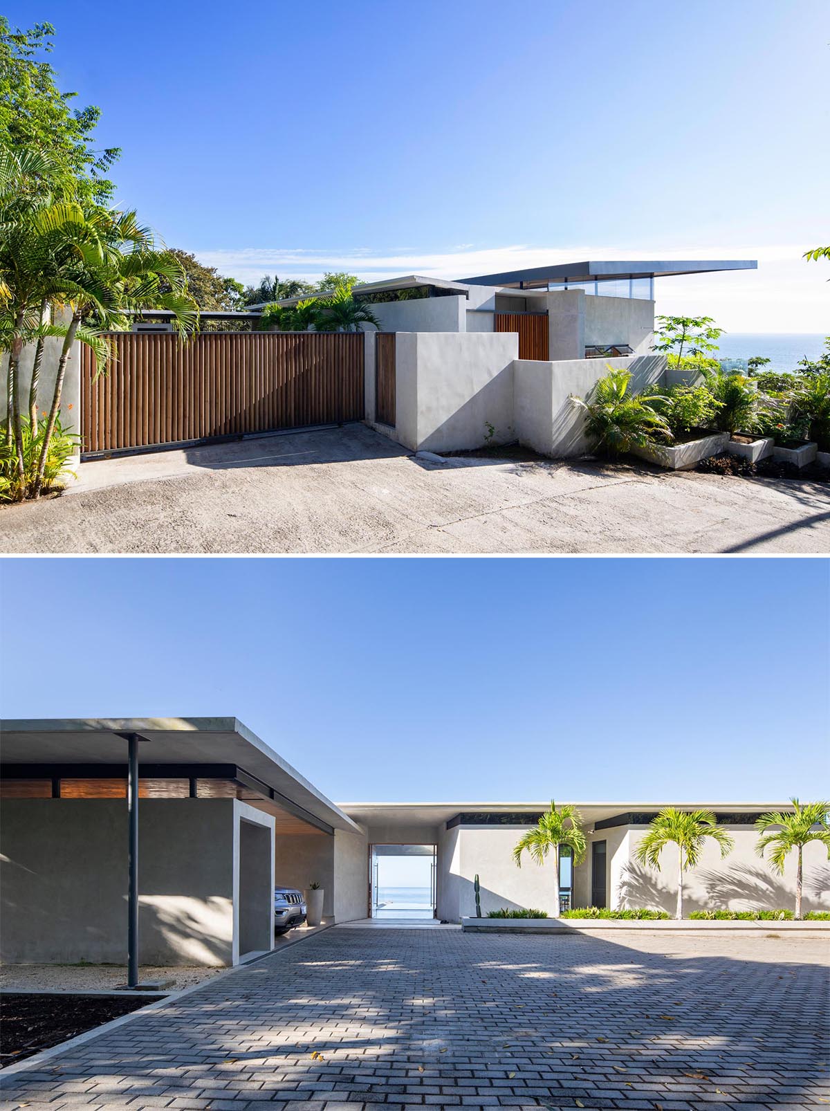 The sweeping and expansive angled roof of this modern home, which is lined with wood, allows for cross ventilation during the rainy and humid months.