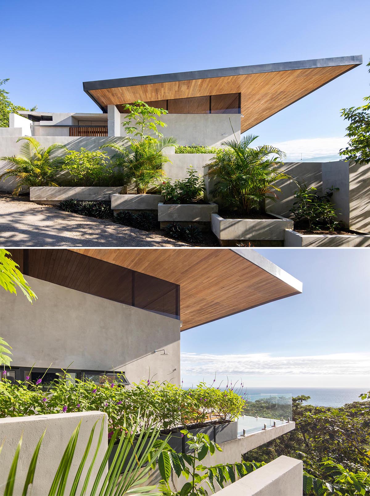 The sweeping and expansive angled roof, which is lined with wood, allows for cross ventilation during the rainy and humid months.