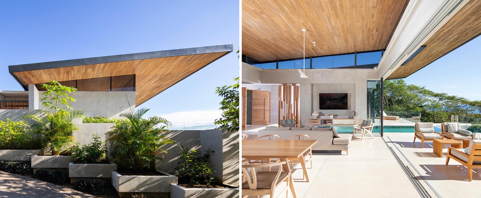 The sweeping and expansive angled roof of this modern home, which is lined with wood, allows for cross ventilation during the rainy and humid months.
