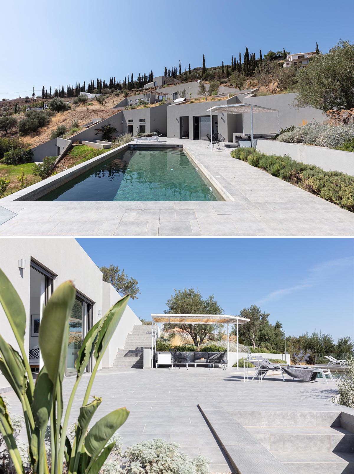 A modern house built into the hillside has a terrace with a pool.