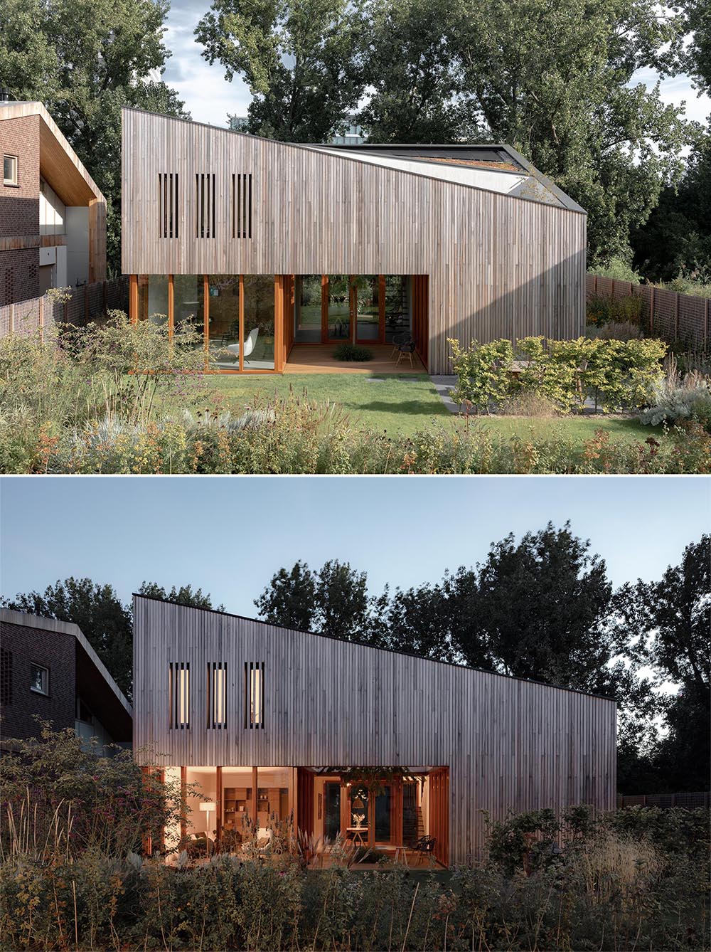 A modern house with wood siding and an angled roof that includes a green roof.