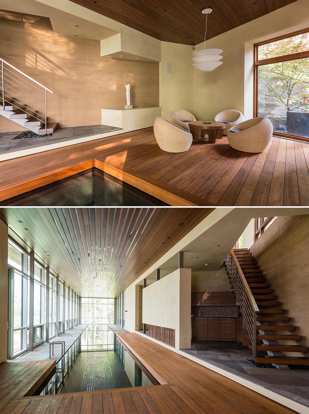 An indoor pool with nearby stairs that lead to a gym.