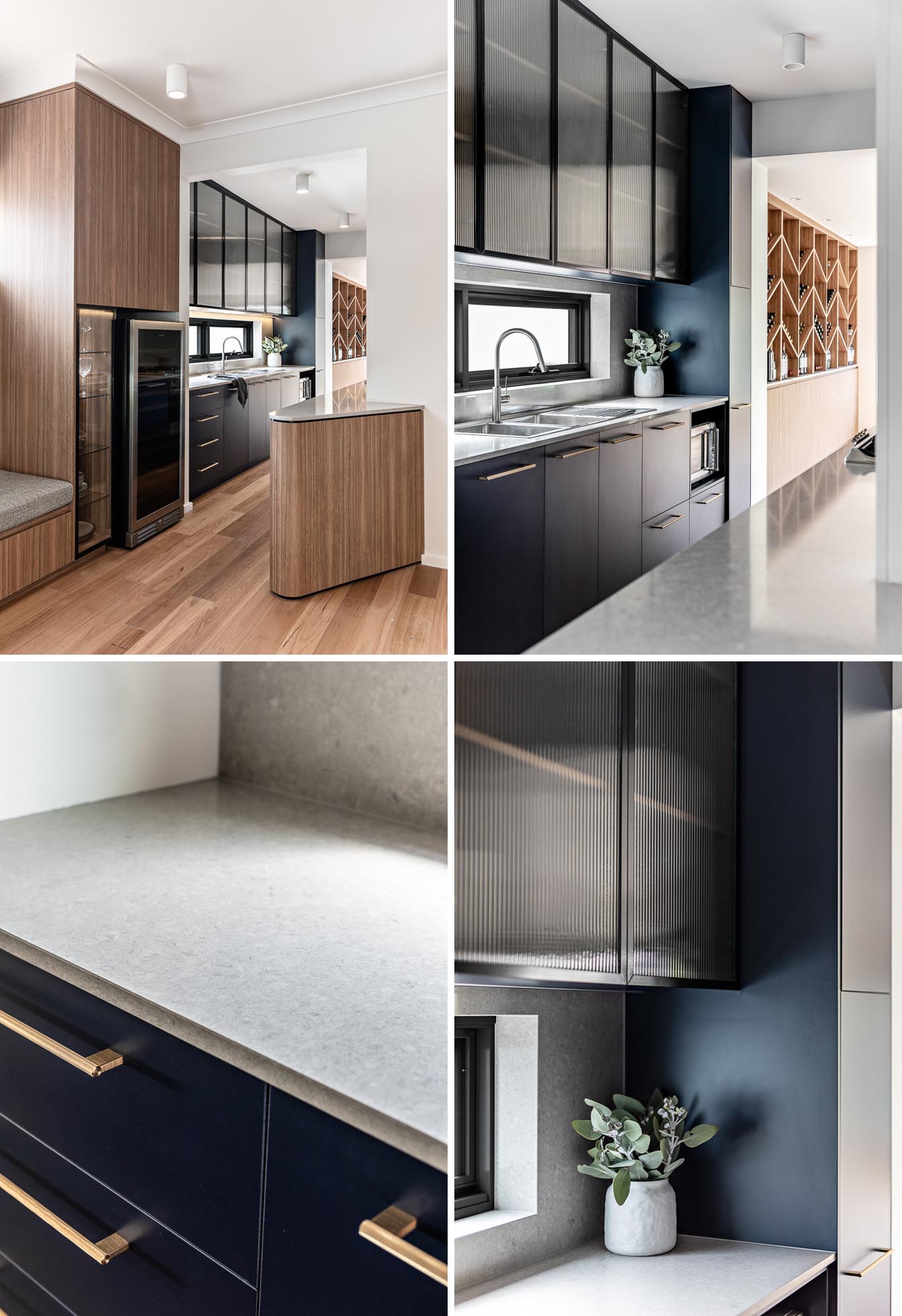 An existing galley kitchen was rebuilt with midnight blue joinery, fluted glass cabinets, soft grey counter tops, long brass handles, and a wine fridge.