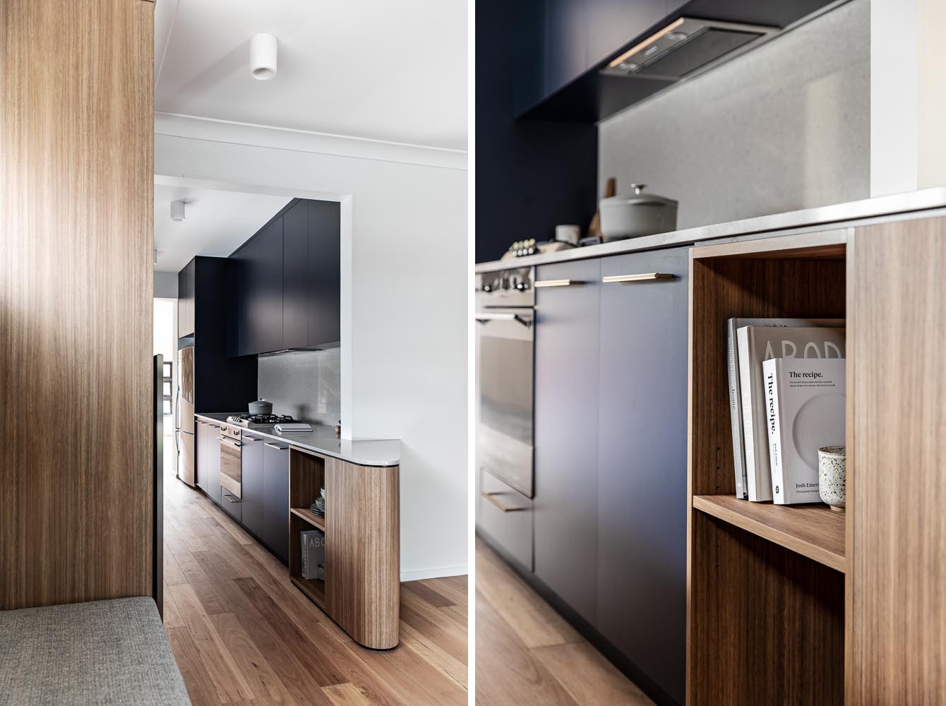 An existing galley kitchen was rebuilt with midnight blue joinery, fluted glass cabinets, soft grey counter tops, long brass handles, and a wine fridge.