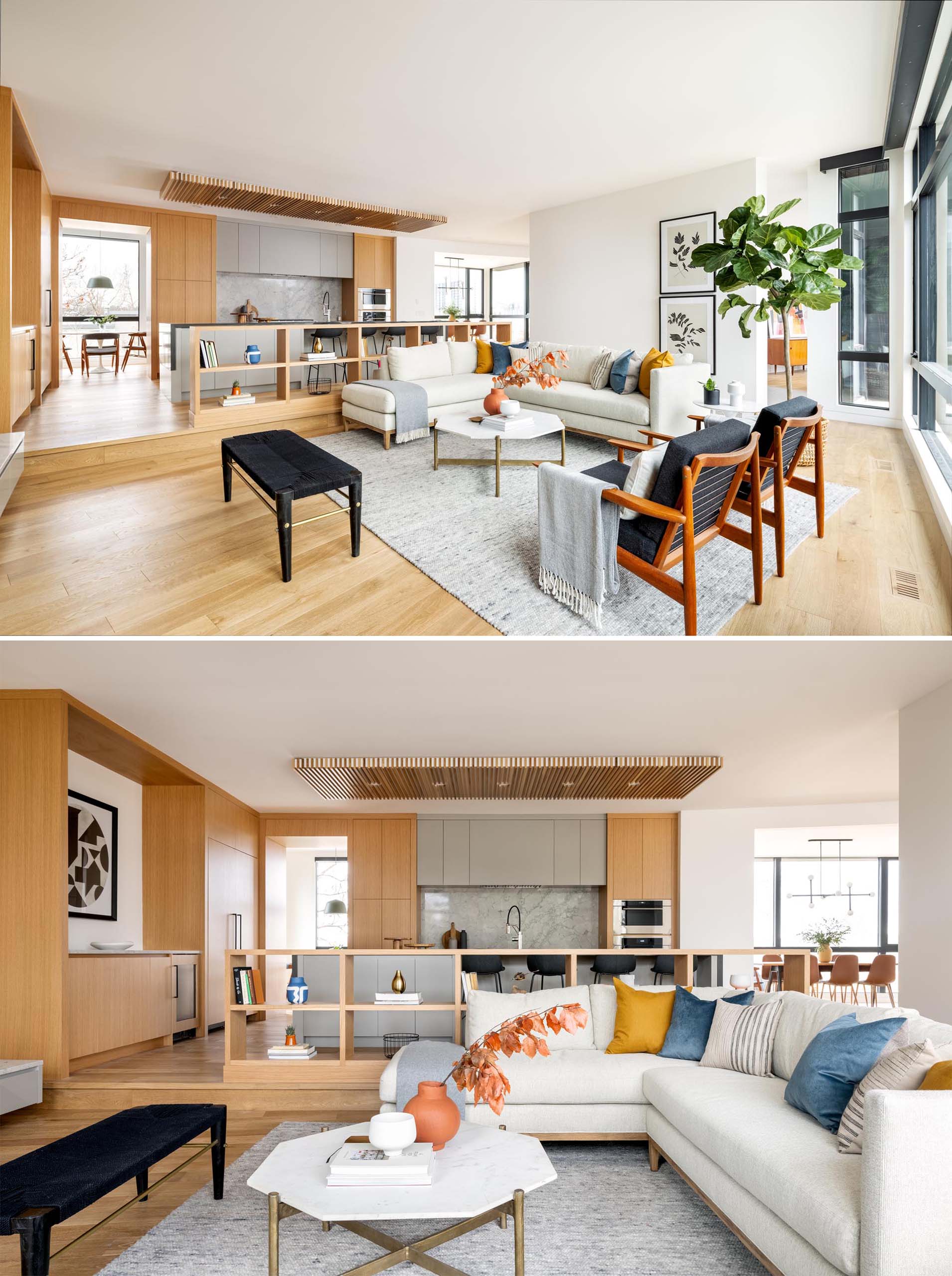 This modern living room is flooded by natural light from the large windows, which were included to frame views to the downtown skyline.