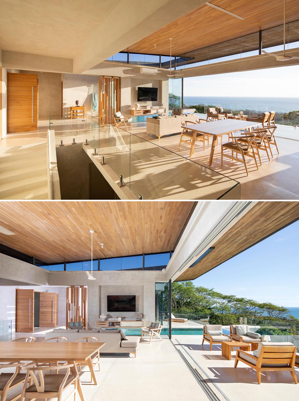 Inside this modern home, the main social areas include an open floor plan with the large wood ceiling floating over the space. 