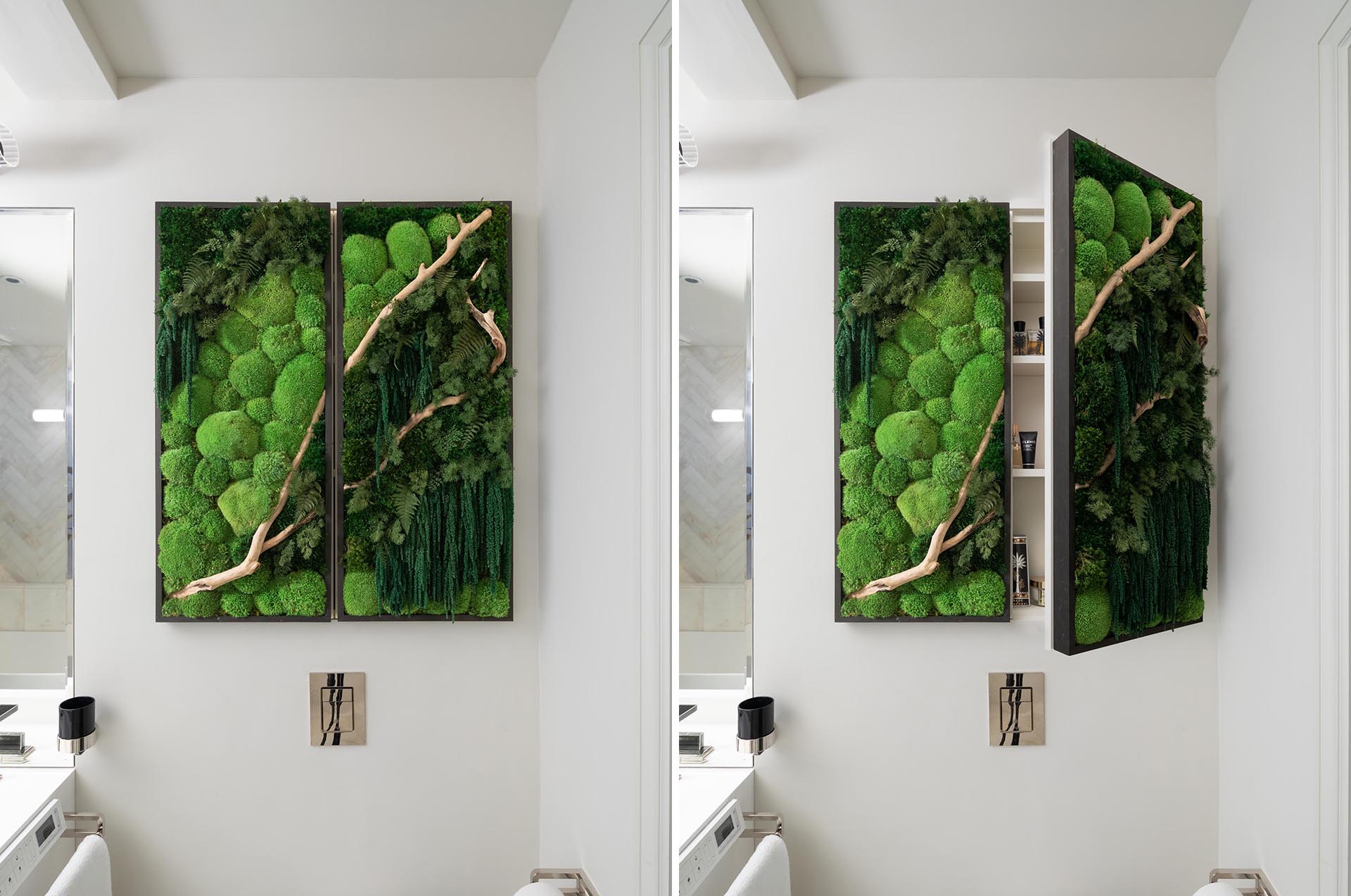 A modern bathroom cabinet with greenery.