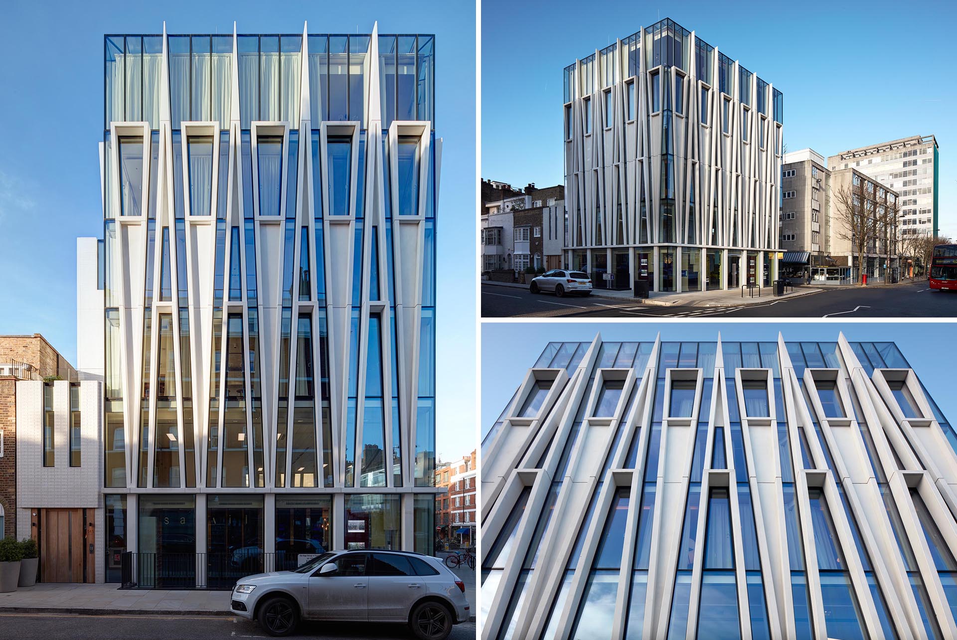 A modern mixed-use building with a facade inspired by candle-making.