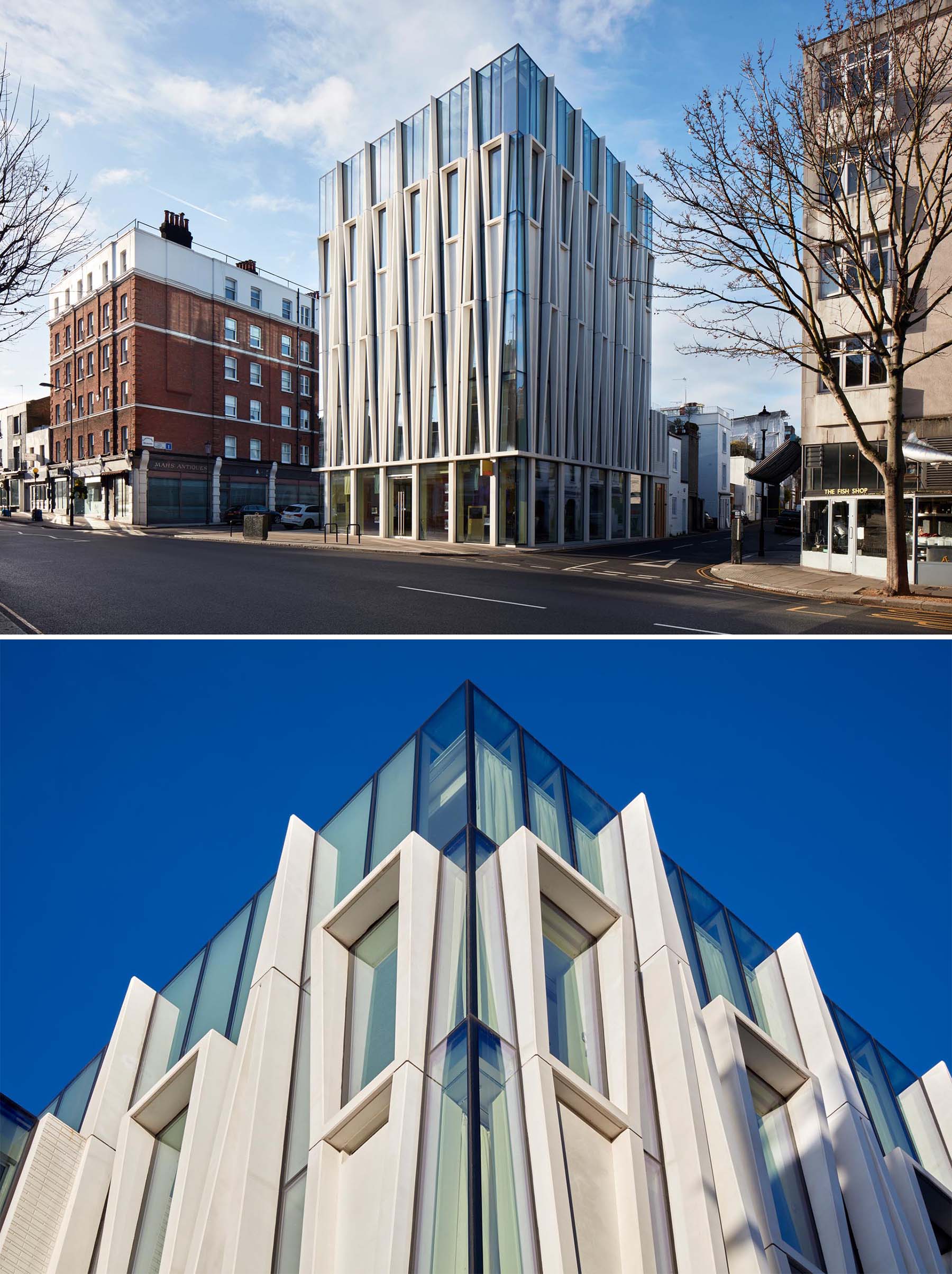 A modern mixed-use building with a facade inspired by candle-making.