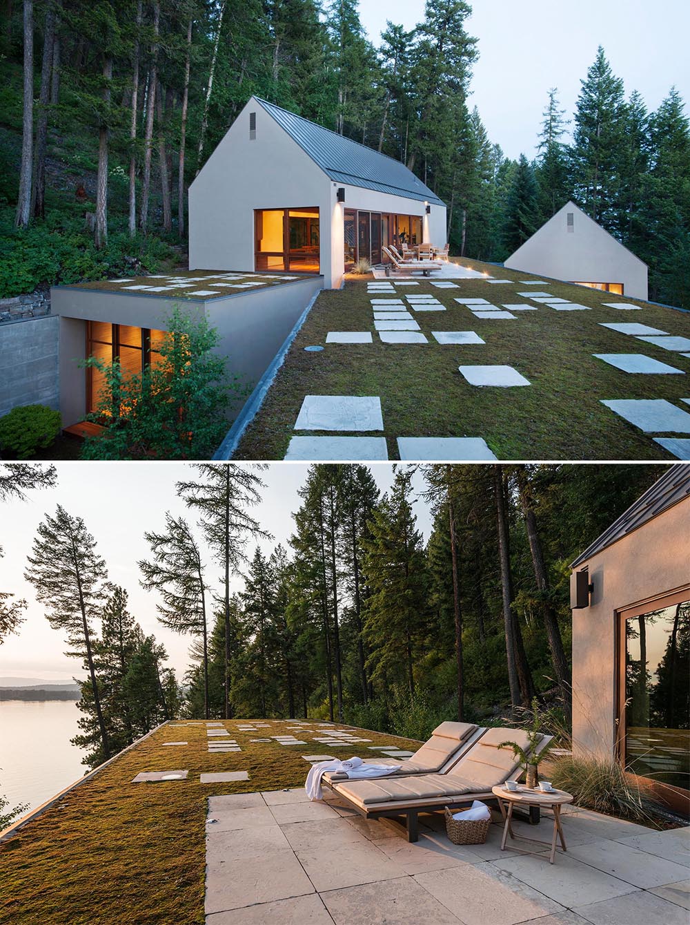 Helping blend these small buildings into their surroundings are green roof elements that host a moss garden punctuated by limestone pavers.