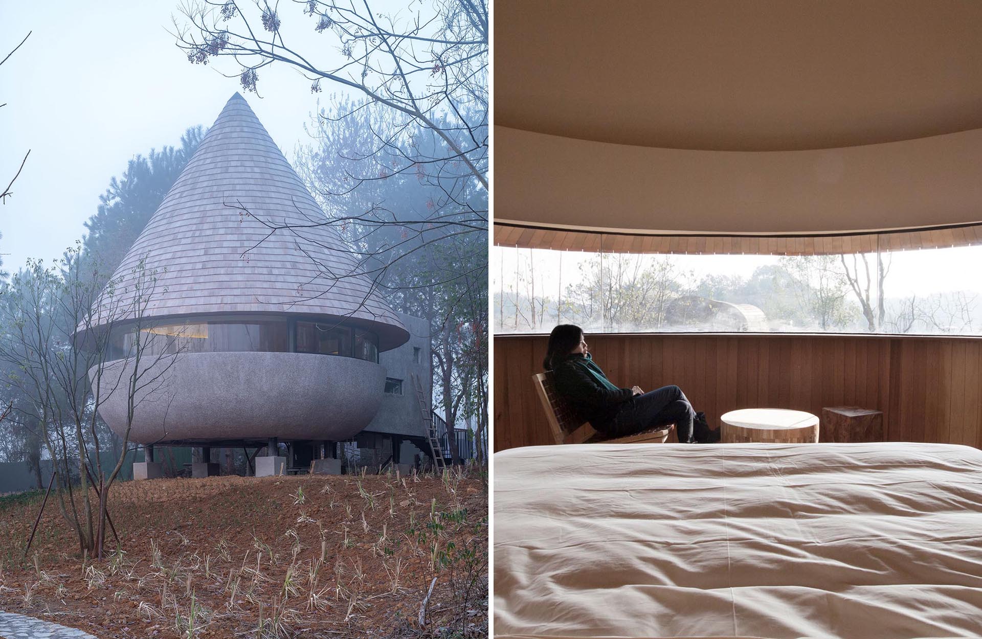 A modern cabin with a cone-shaped shingle clad roof.