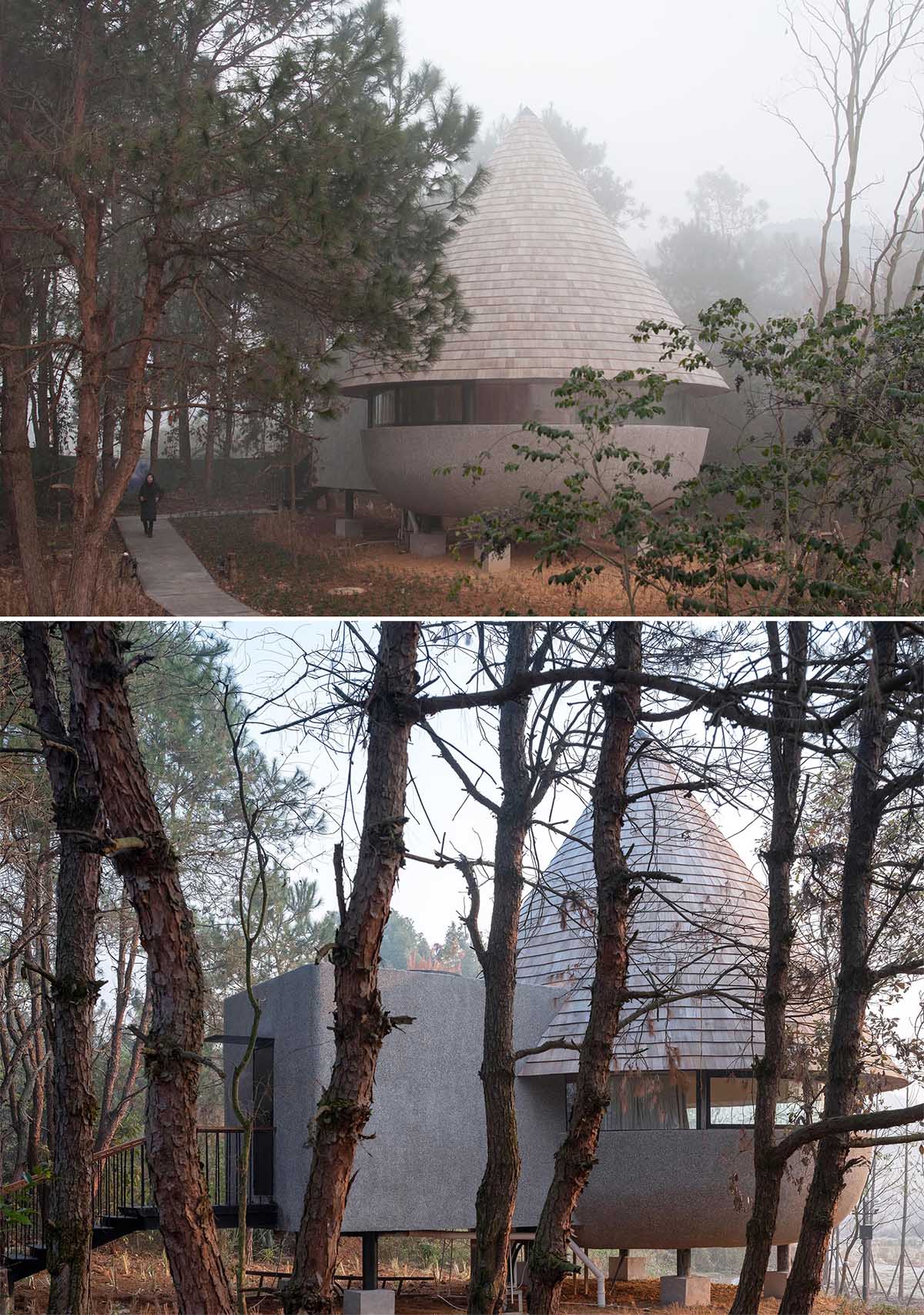 This modern cabin has wood shingles that clad a cone-shaped roof, and a base of granolithic concrete.