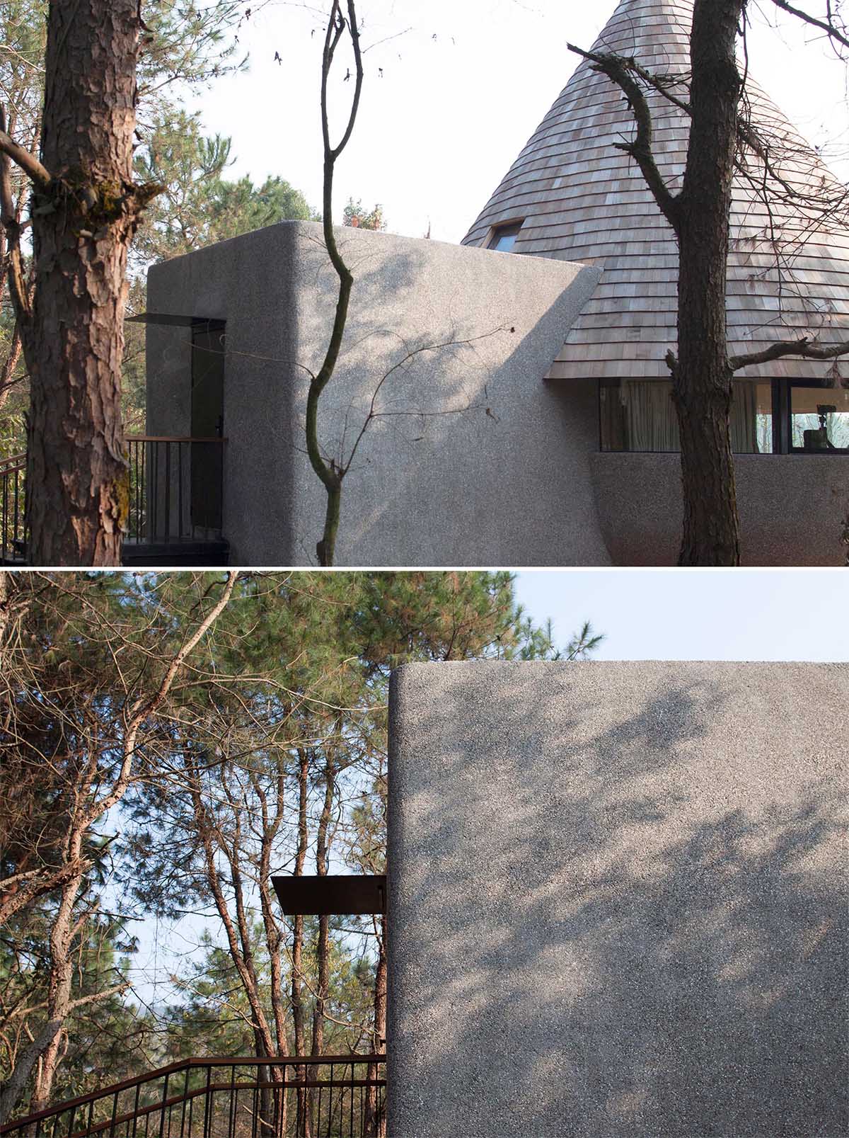 This modern cabin has wood shingles that clad a cone-shaped roof, and a base of granolithic concrete.