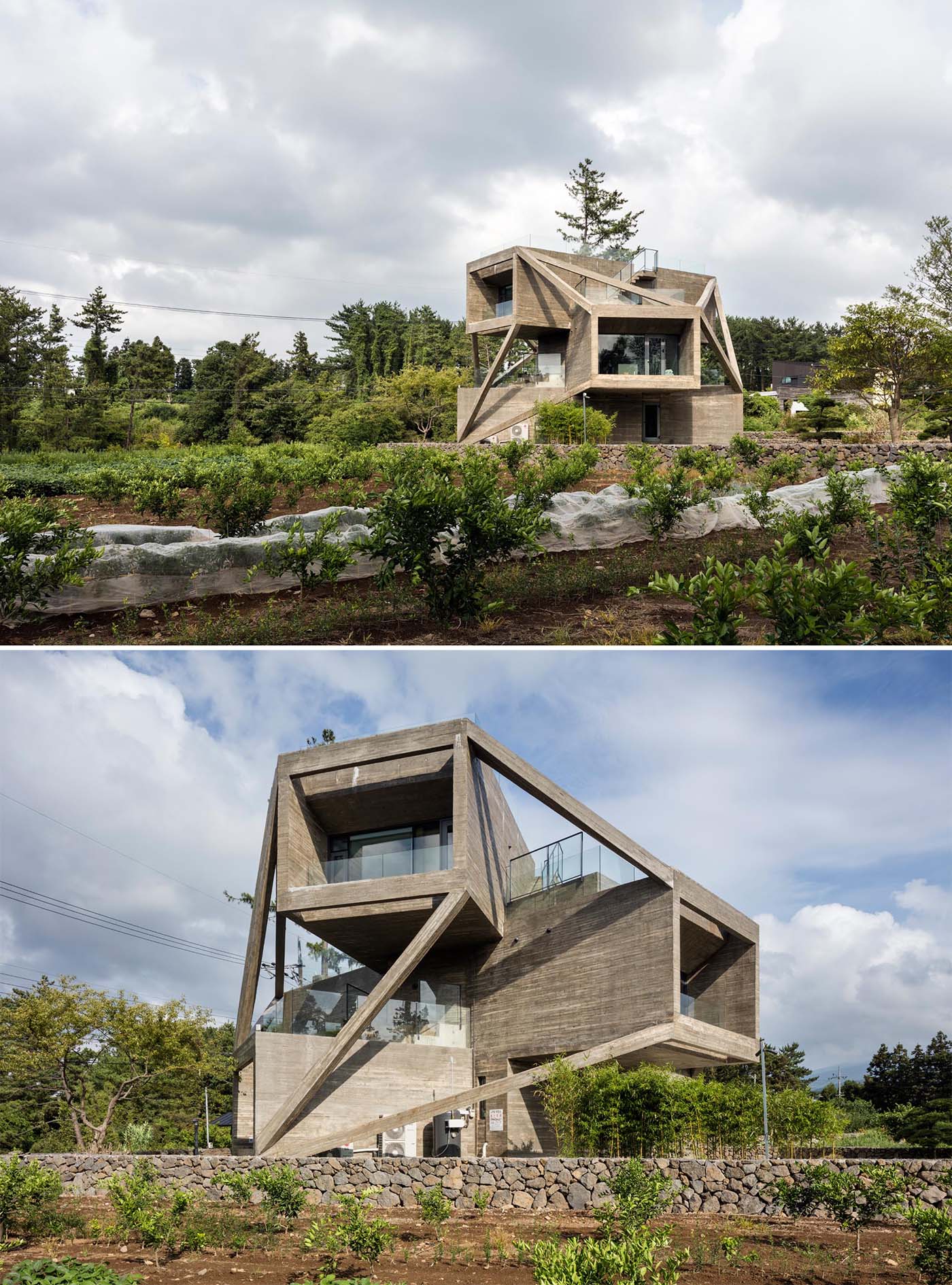 The exterior of this home is striking in its design, with bold geometric shapes made from concrete and angled elements that connect the rotated boxes. Glass balconies and stair railings seamlessly blend into the concrete design. 
