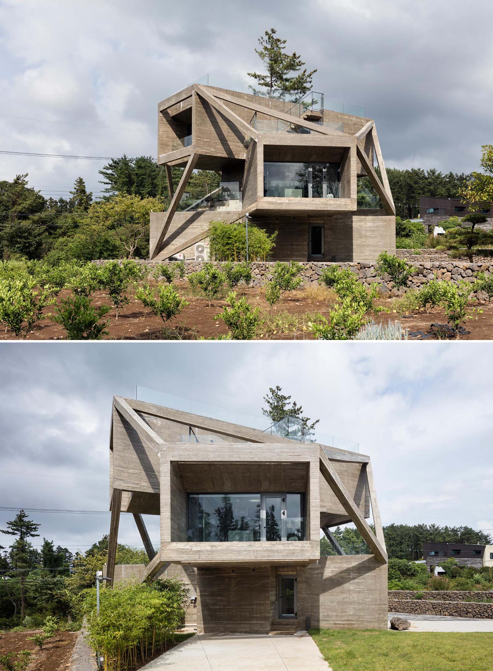 The exterior of this home is striking in its design, with bold geometric shapes made from concrete and angled elements that connect the rotated boxes. Glass balconies and stair railings seamlessly blend into the concrete design. 