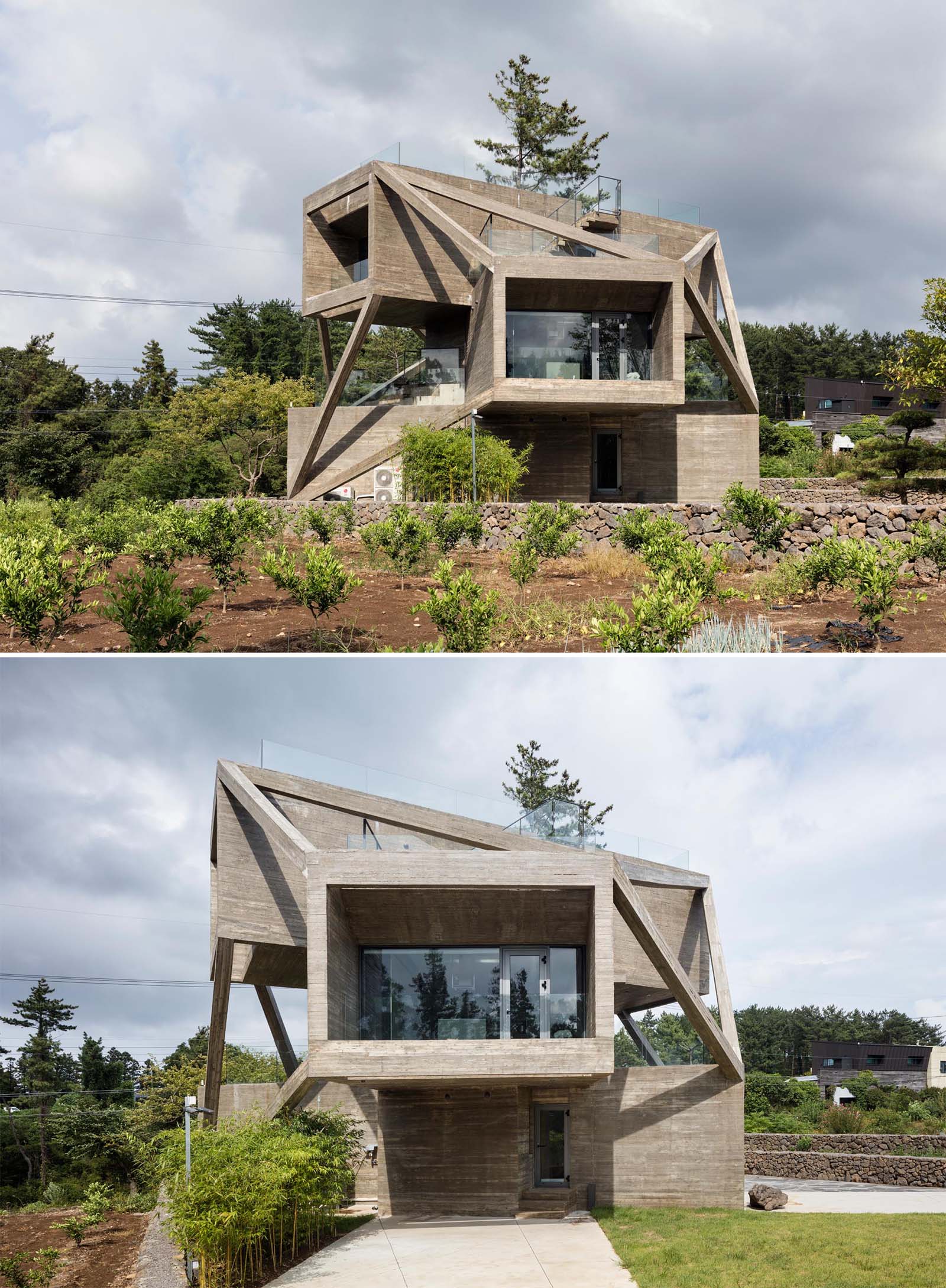 The exterior of this home is striking in its design, with bold geometric shapes made from concrete and angled elements that connect the rotated boxes. Glass balconies and stair railings seamlessly blend into the concrete design.