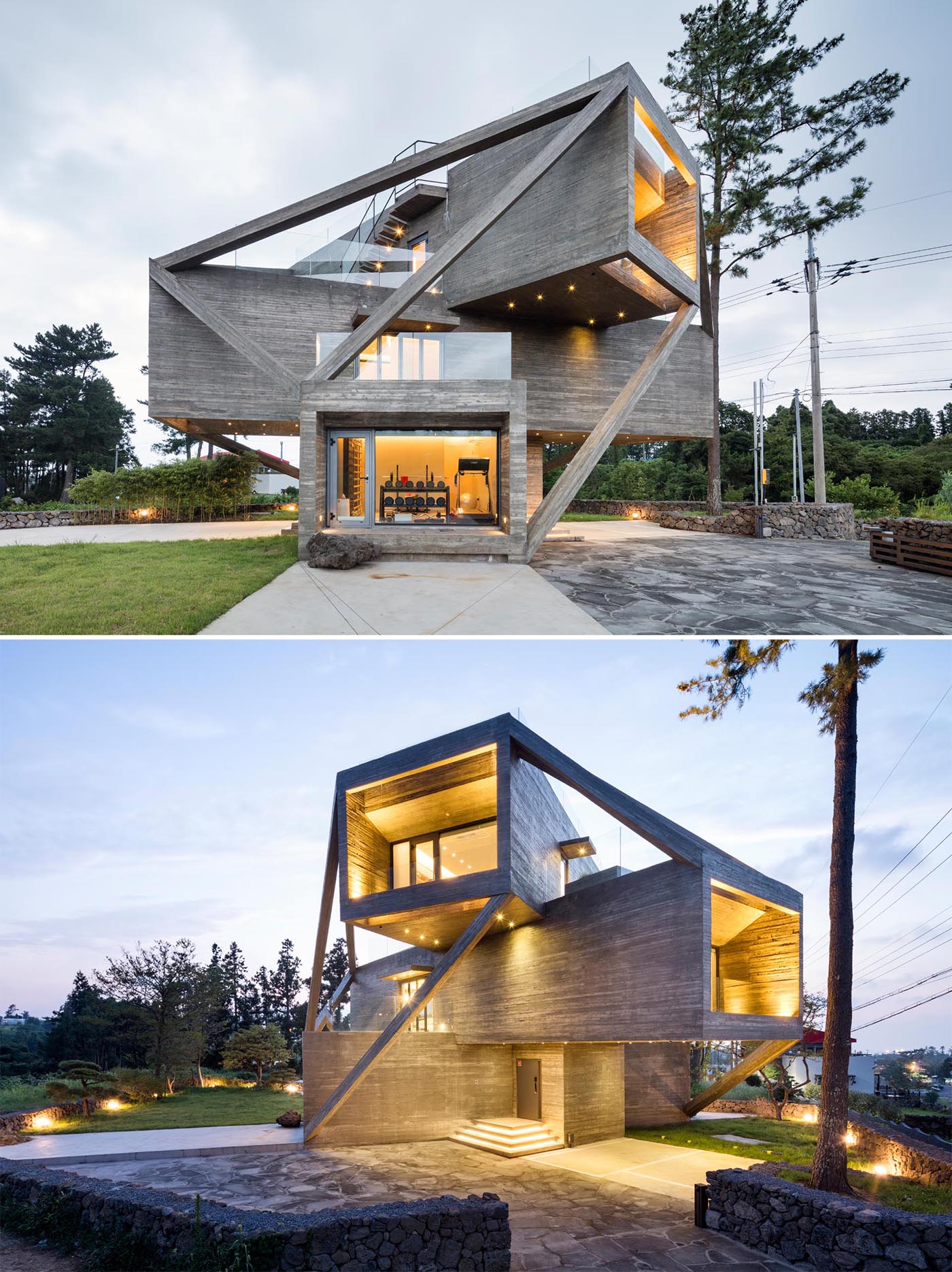 Exterior lighting underneath the various concrete volumes as well as from within the home, bring attention to the various angles and design elements of this modern home.