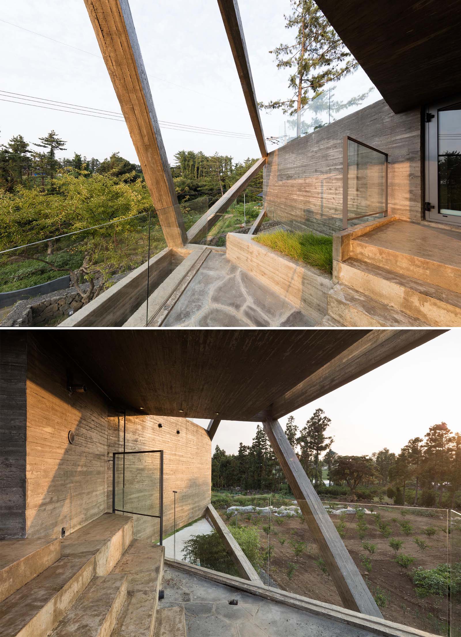 A modern concrete home with protruding balconies.