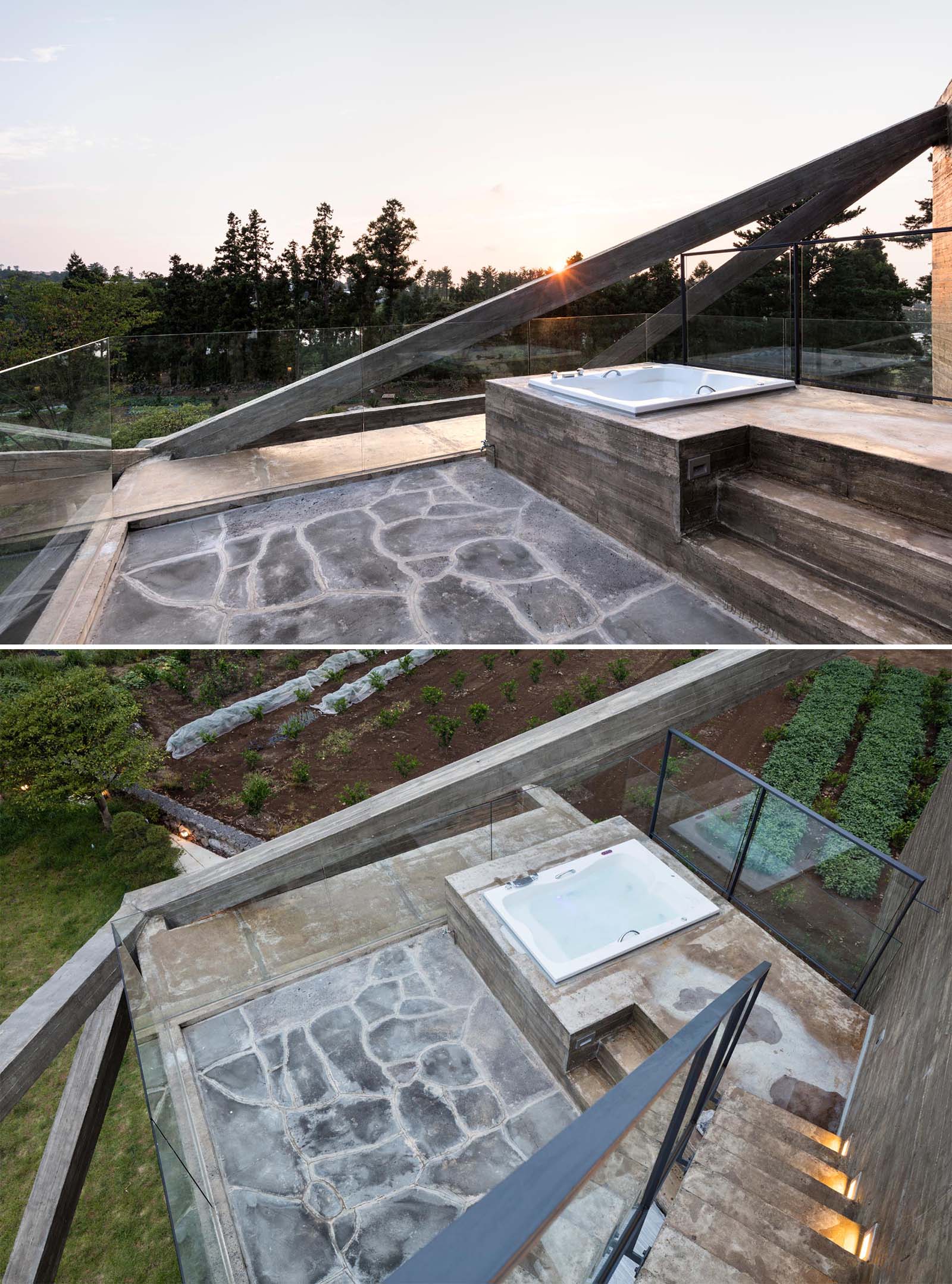 A modern concrete home with protruding balconies.